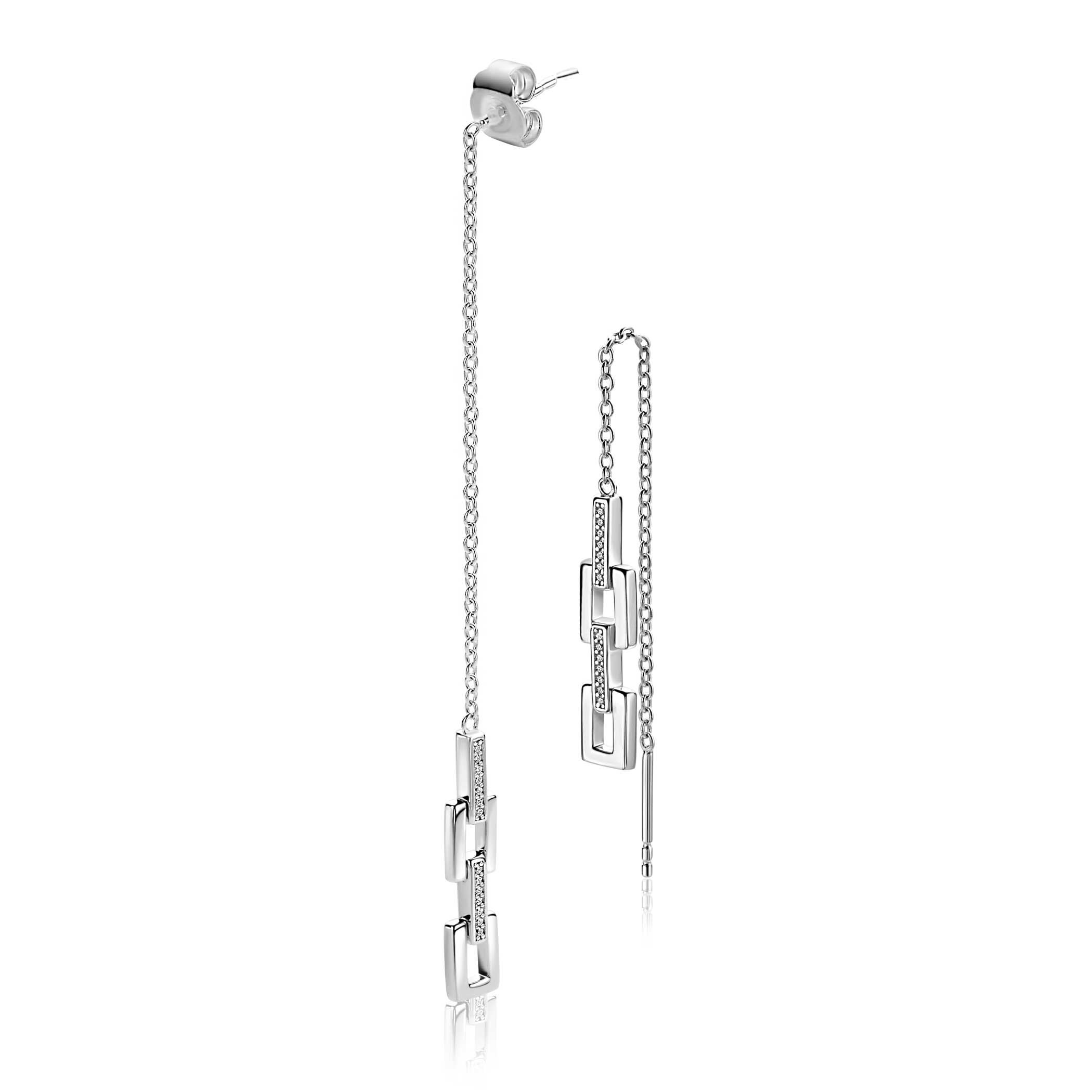 85mm Mart Visser by ZINZI silver threader earrings with square links, adorned with white zirconia, MVO27