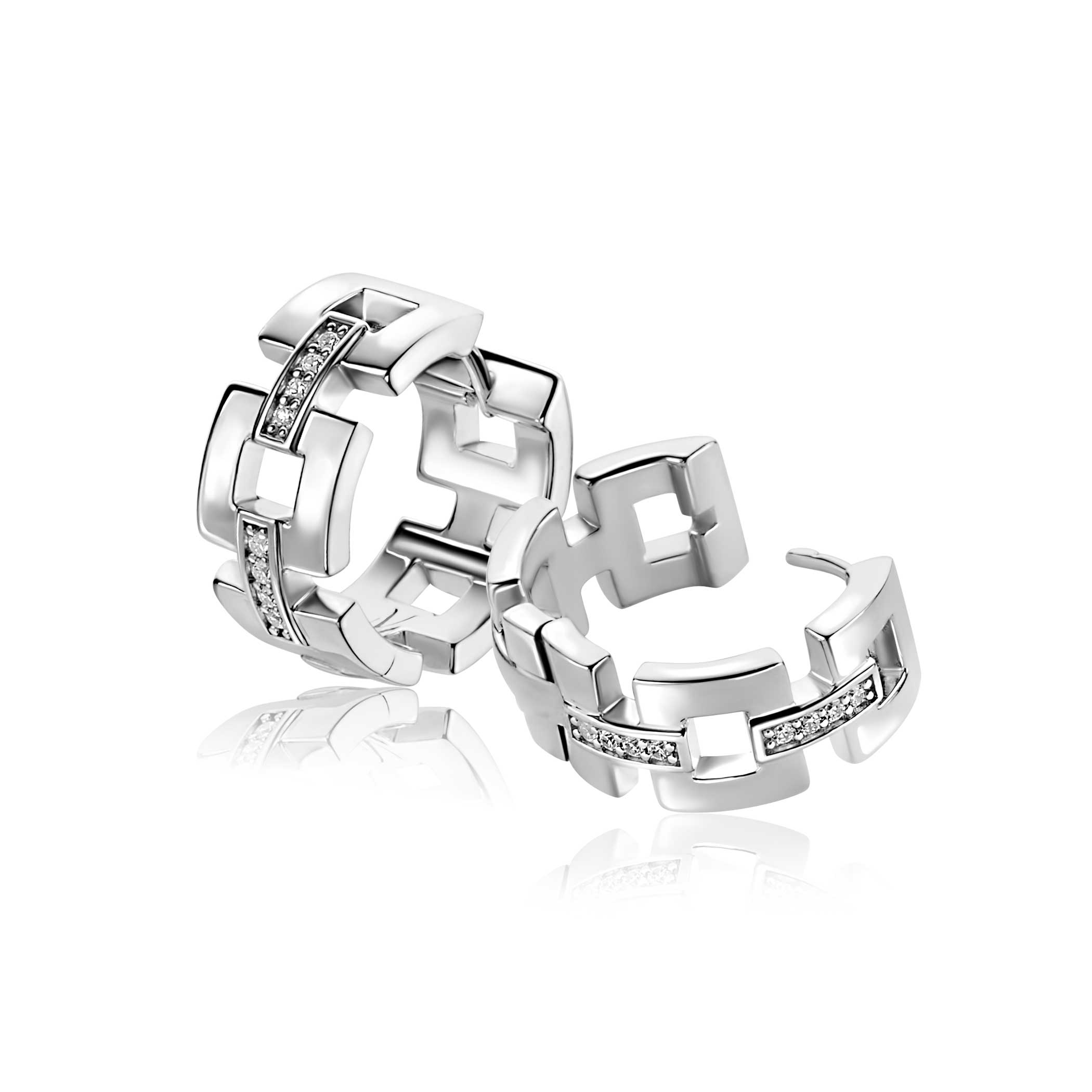 18mm Mart Visser by ZINZI silver hoop earrings with square links and luxury hinge closure, adorned with white zirconia, MVCR27