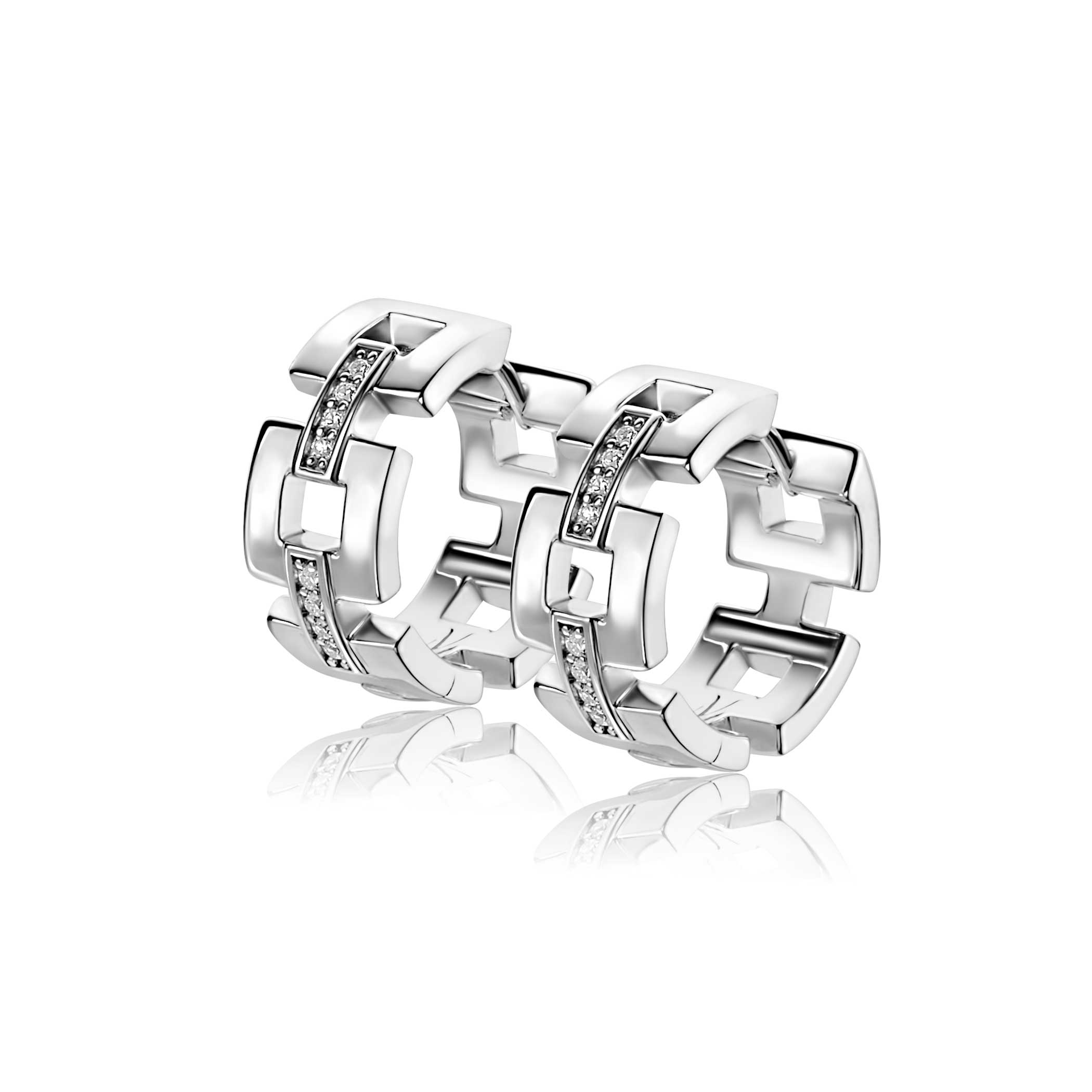 18mm Mart Visser by ZINZI silver hoop earrings with square links and luxury hinge closure, adorned with white zirconia, MVCR27