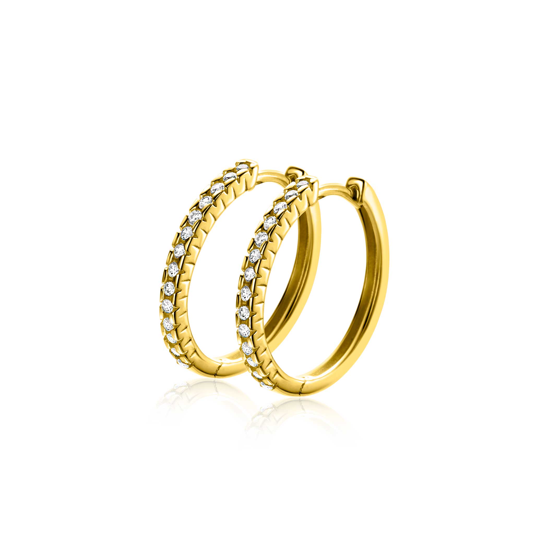 17mm ZINZI Gold 14 karat gold hoop earrings set with white zirconia stones and luxurious hinged closure 17mm x 1.7mm square tube ZGO506
