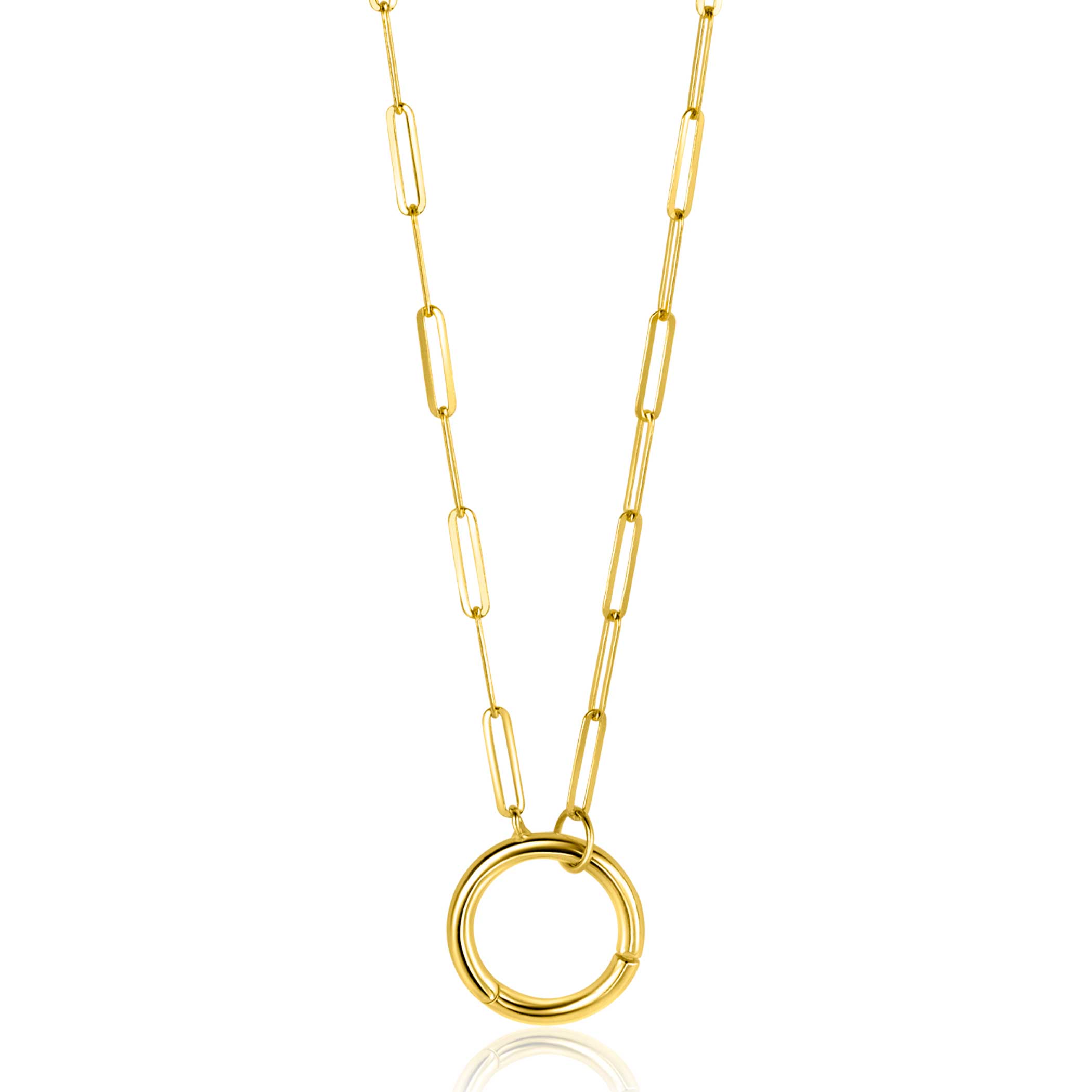 ZINZI Gold 14 karat gold paperclip necklace with a striking round front clasp, to which you can attach charms 45cm ZGC493
