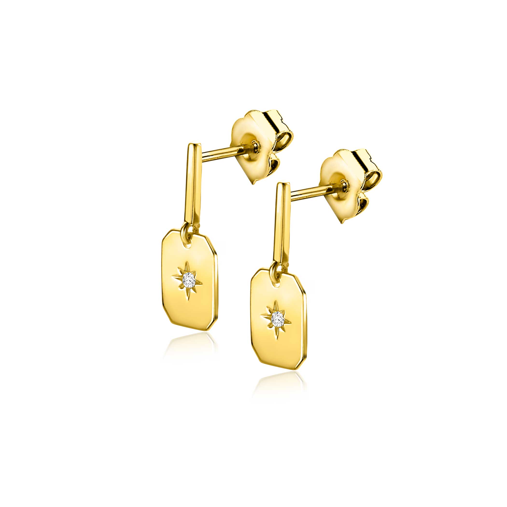 15mm ZINZI Gold 14 kt gold earrings with rectangular plate and set with white zirconia in a star setting ZGO510