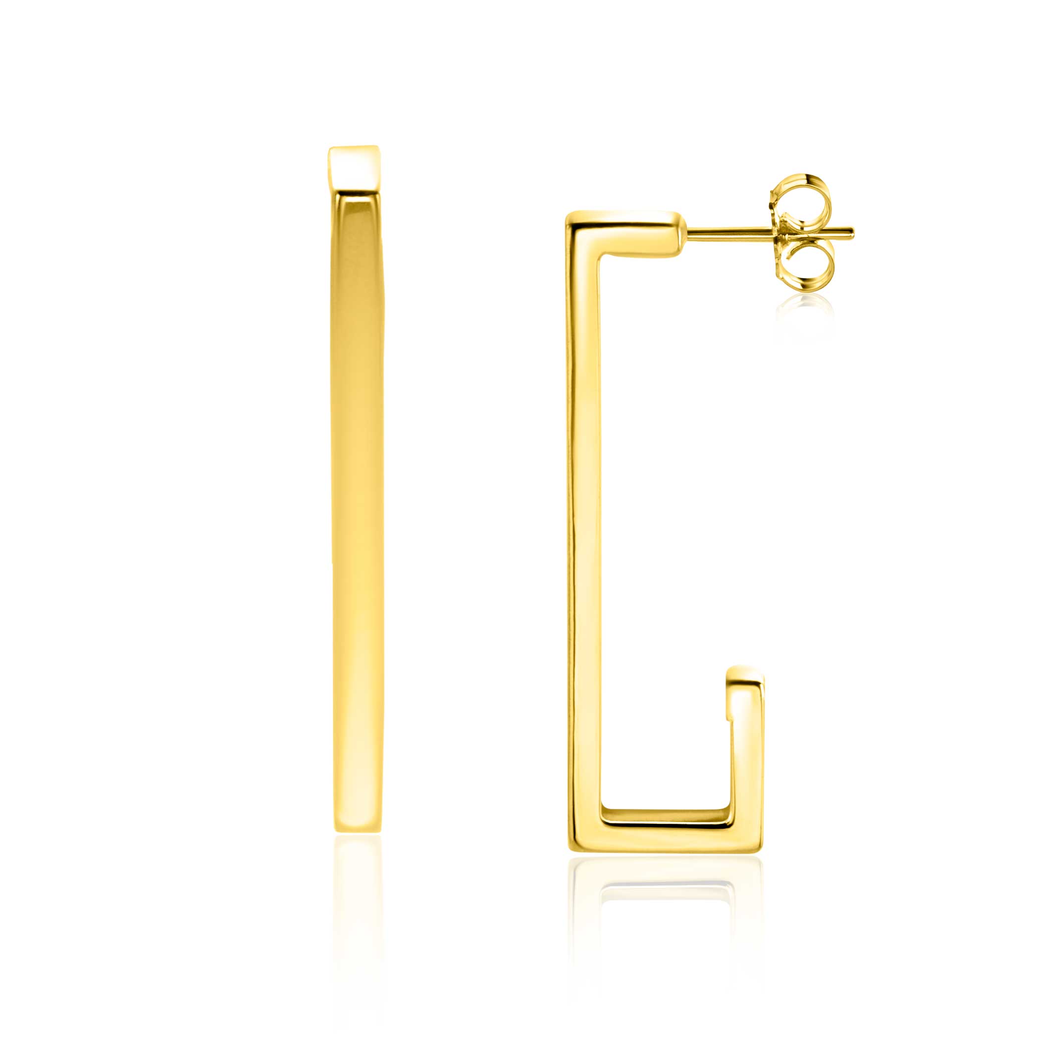 33mm ZINZI Gold 14 karat gold ear studs with large sleek rectangular shape. Size 33 x 2.4mm. ZGO483
