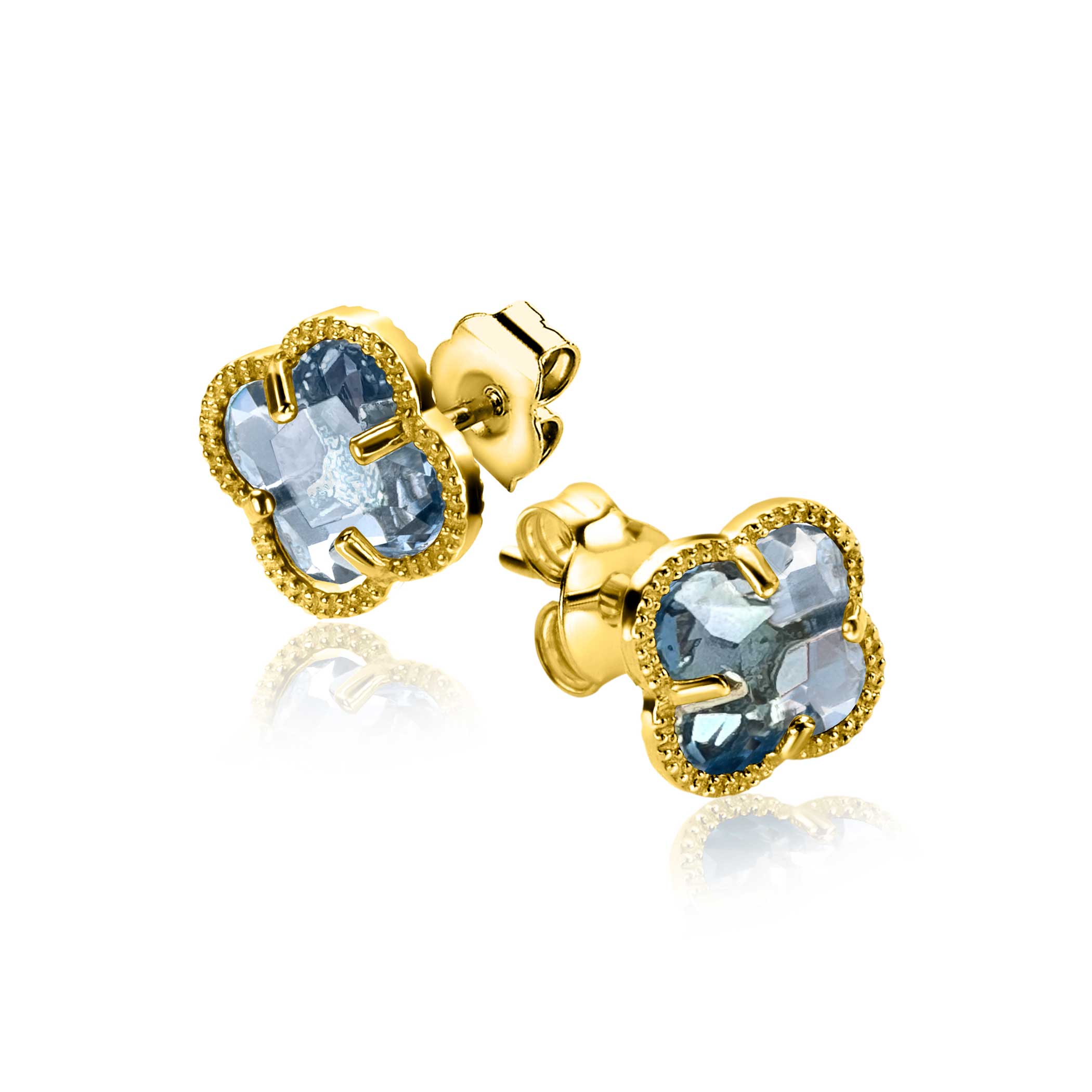 9mm ZINZI gold plated silver stud earrings in clover shape with light blue gemstone ZIO2662B