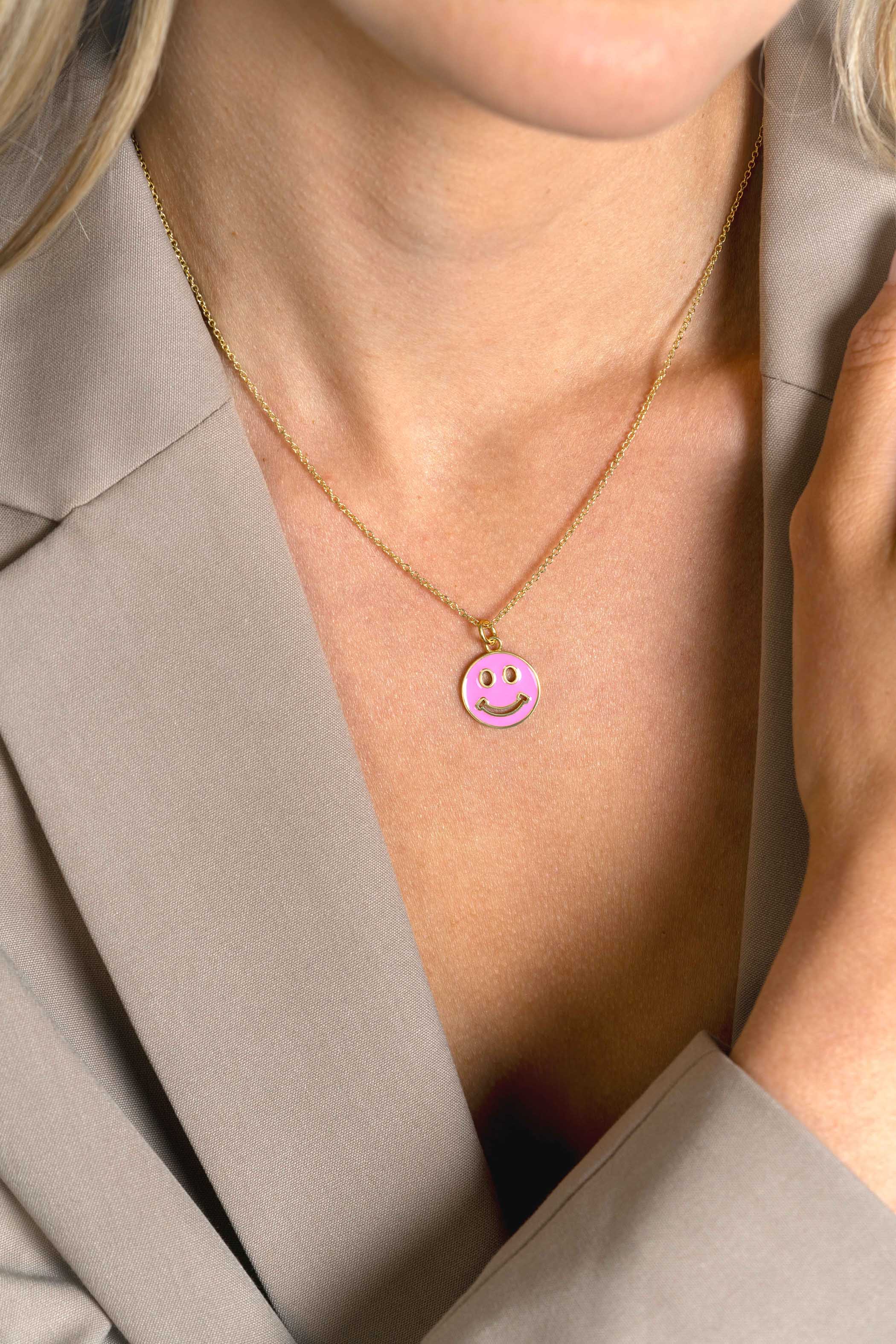 15mm ZINZI Gold Plated Sterling Silver Pendant Smiley Round with Pink Enamel ZIH2312R (excl. necklace)