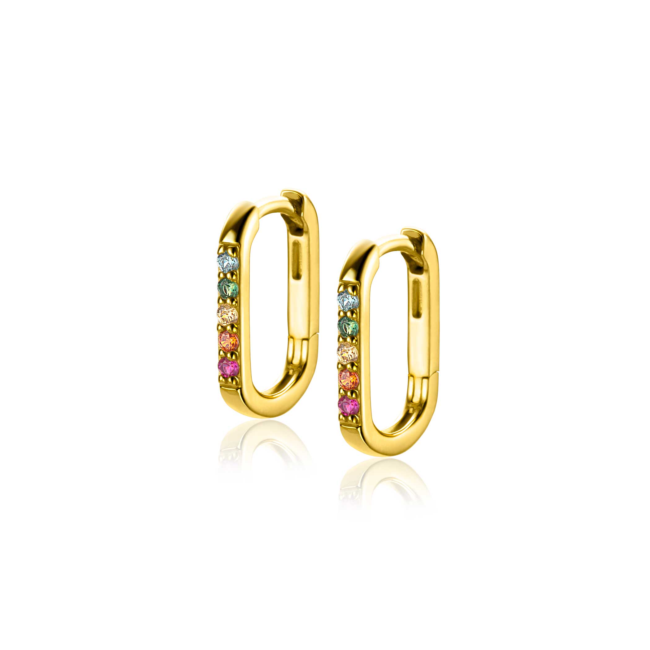 14mm ZINZI gold plated silver luxury hoops in oval shape set with rainbow coloured stones ZIO2598