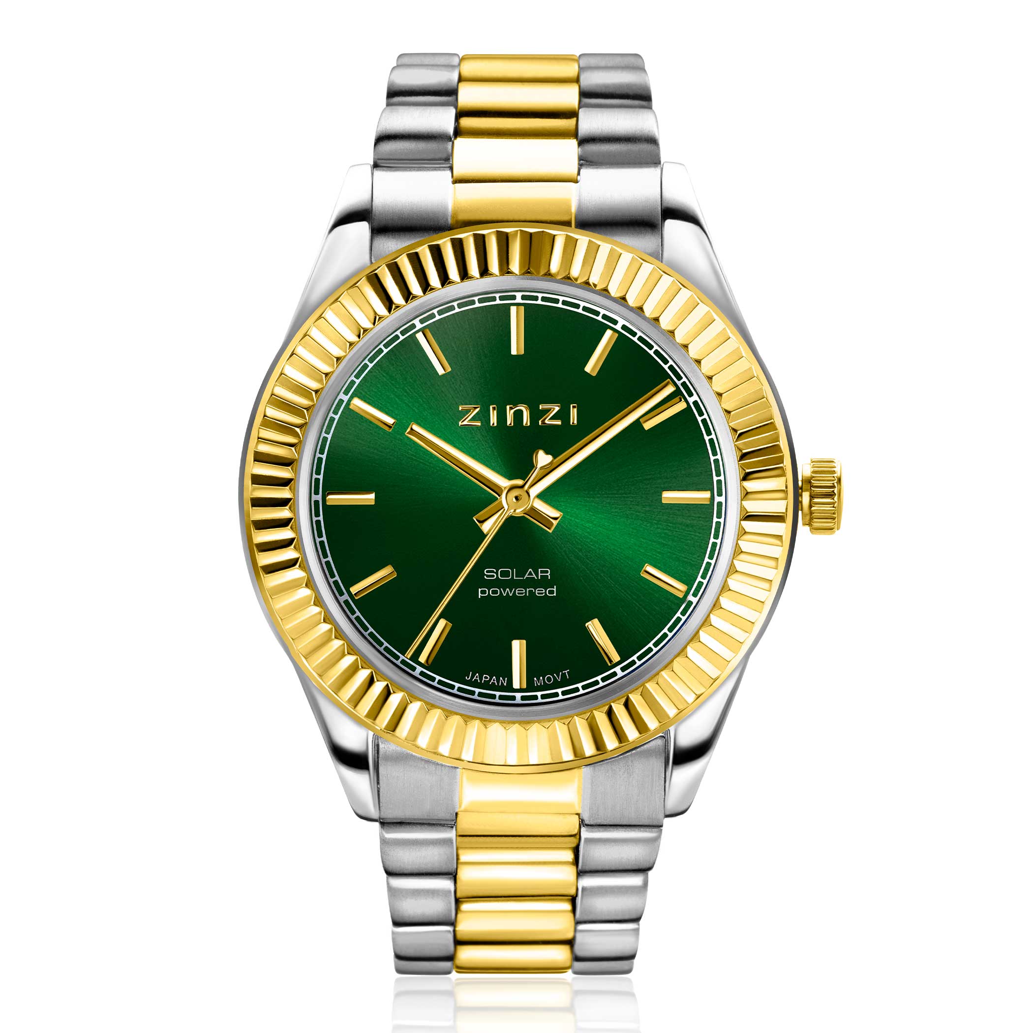 ZINZI Solaris Watch 35mm Green Dial Bicolor Case and Chain Strap works on sun and artificial light ZIW2135