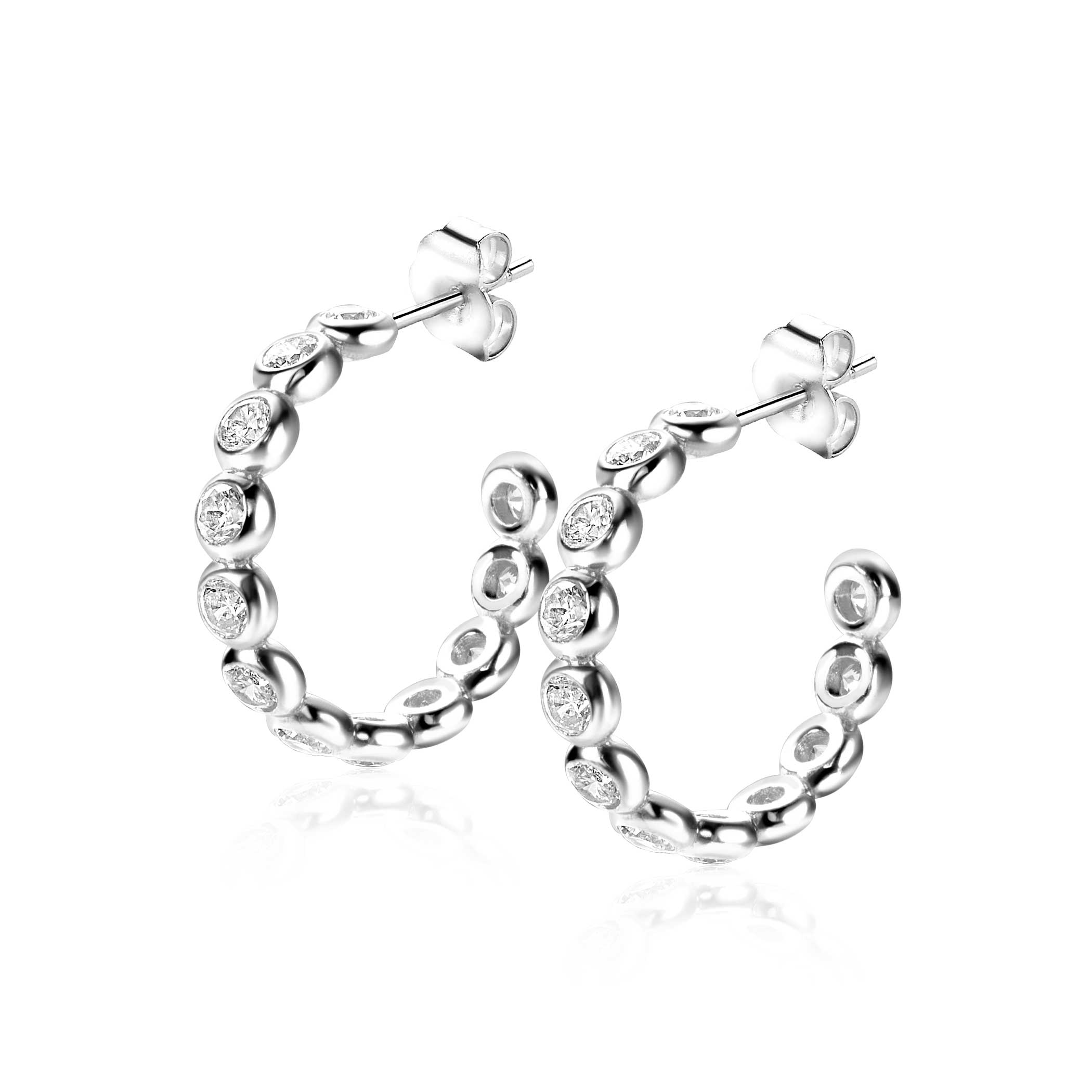 21mm ZINZI silver half hoop earrings, 4mm tube thickness, set with 12 white zirconias and with butterfly clasp ZIO2573
