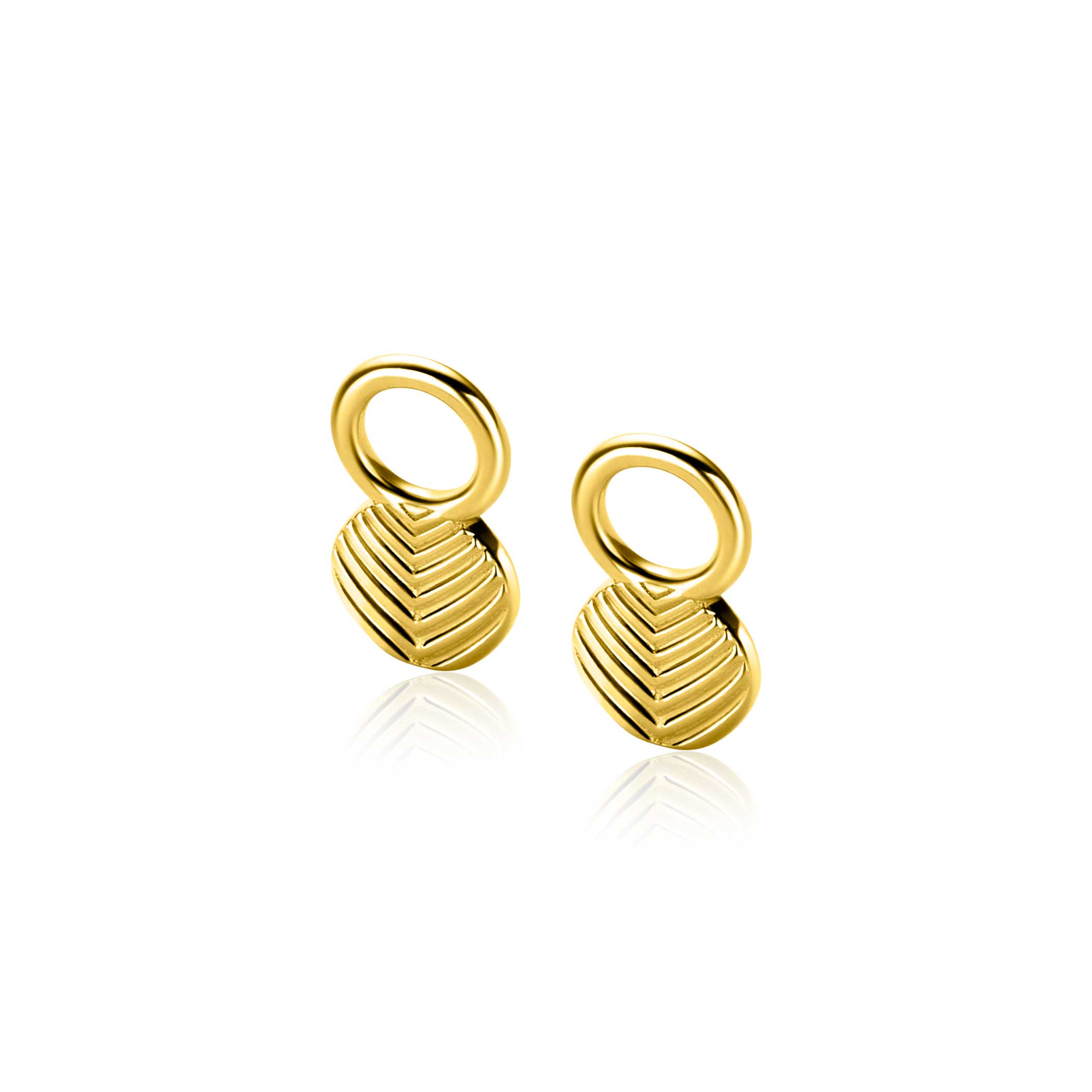 11mm ZINZI gold plated silver charm earrings in round shape, engraved with feather motif ZICH2644G (without hoop earrings)