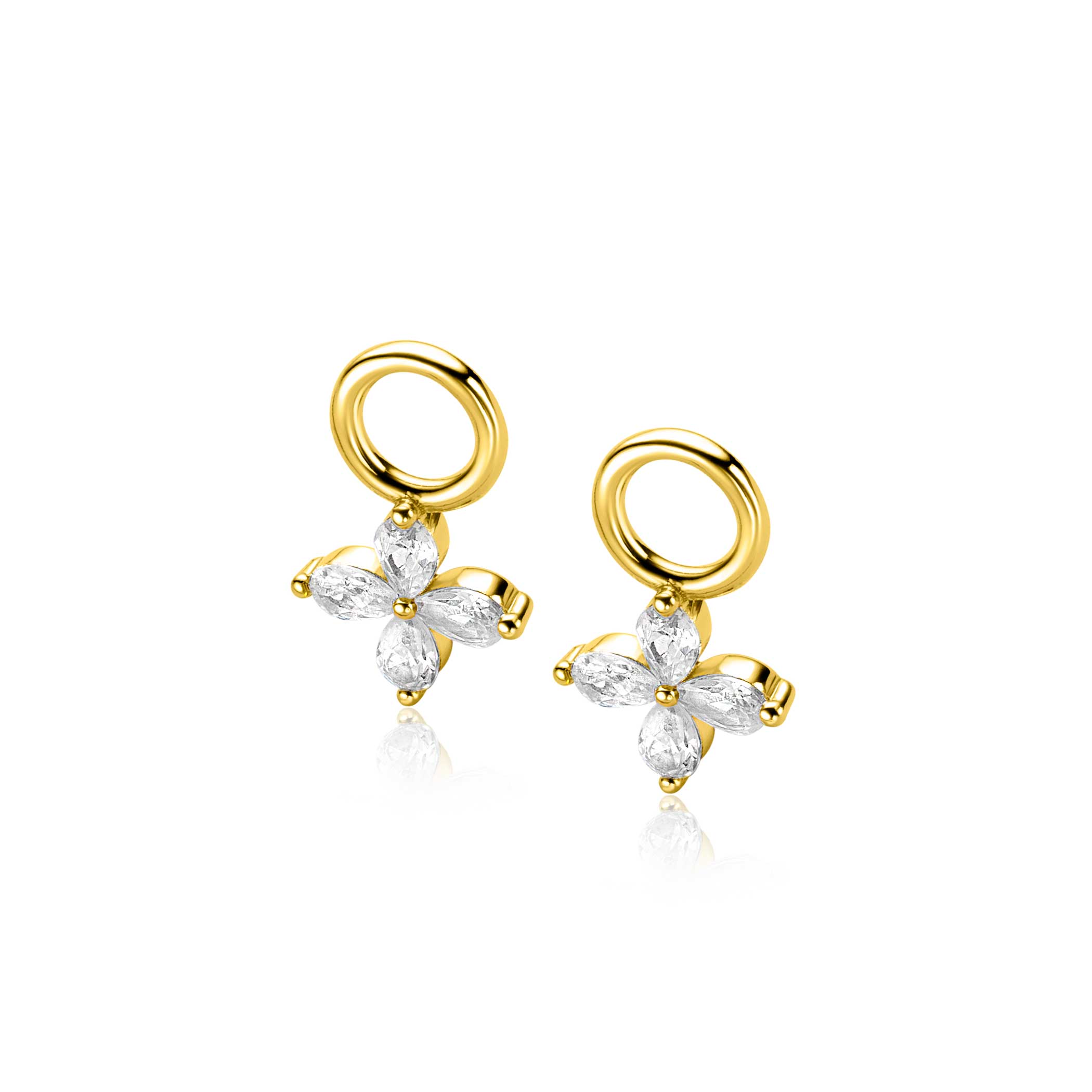 13mm ZINZI gold plated silver charm earrings with flower set with 4 drop-shaped zirconias ZICH2624 (without hoop earrings)