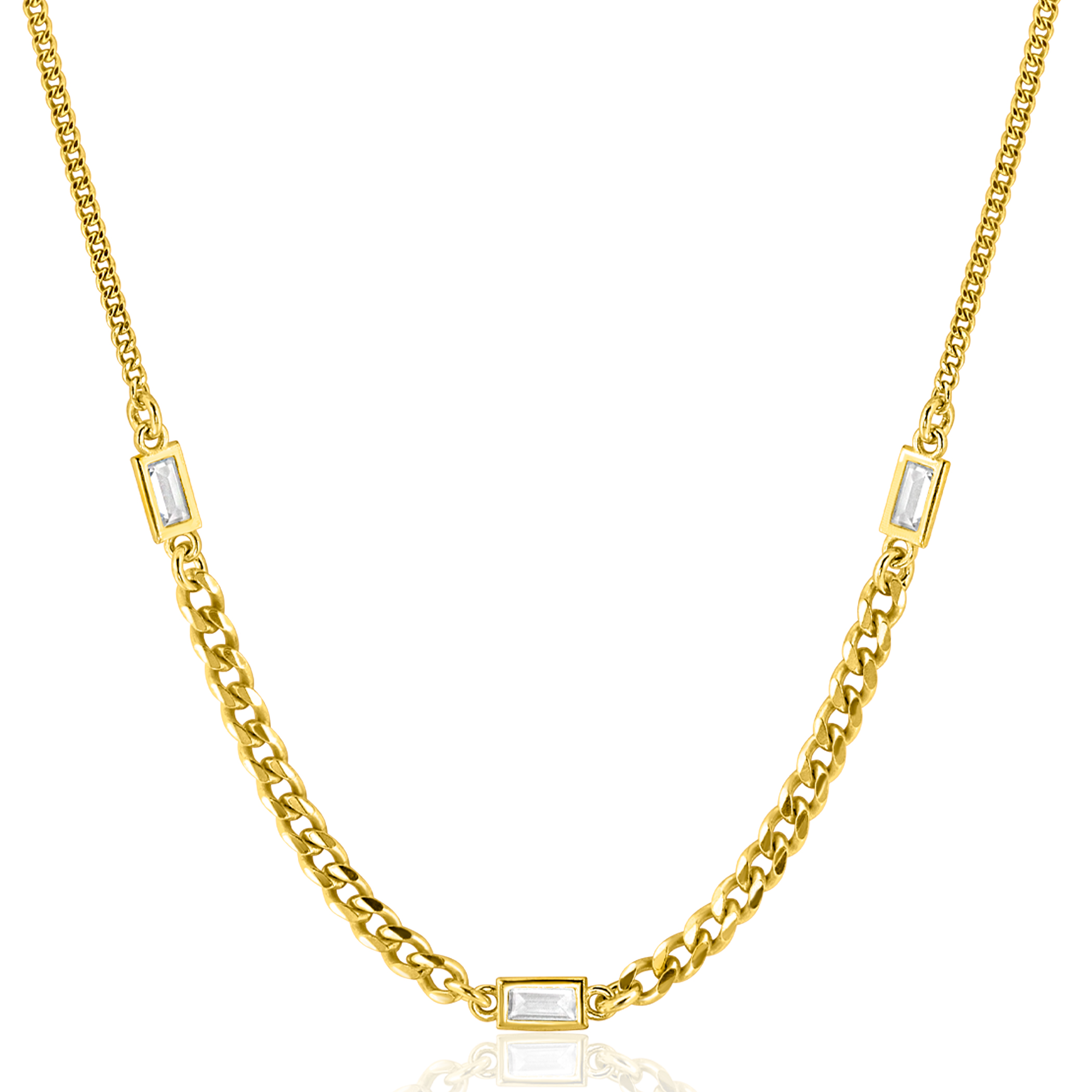 ZINZI Gold Plated Sterling Silver Necklace with Curb Chains in Different Sizes Combined with 3 Rectangular Baguette Cut Zirconias 42-45cm ZIC2410