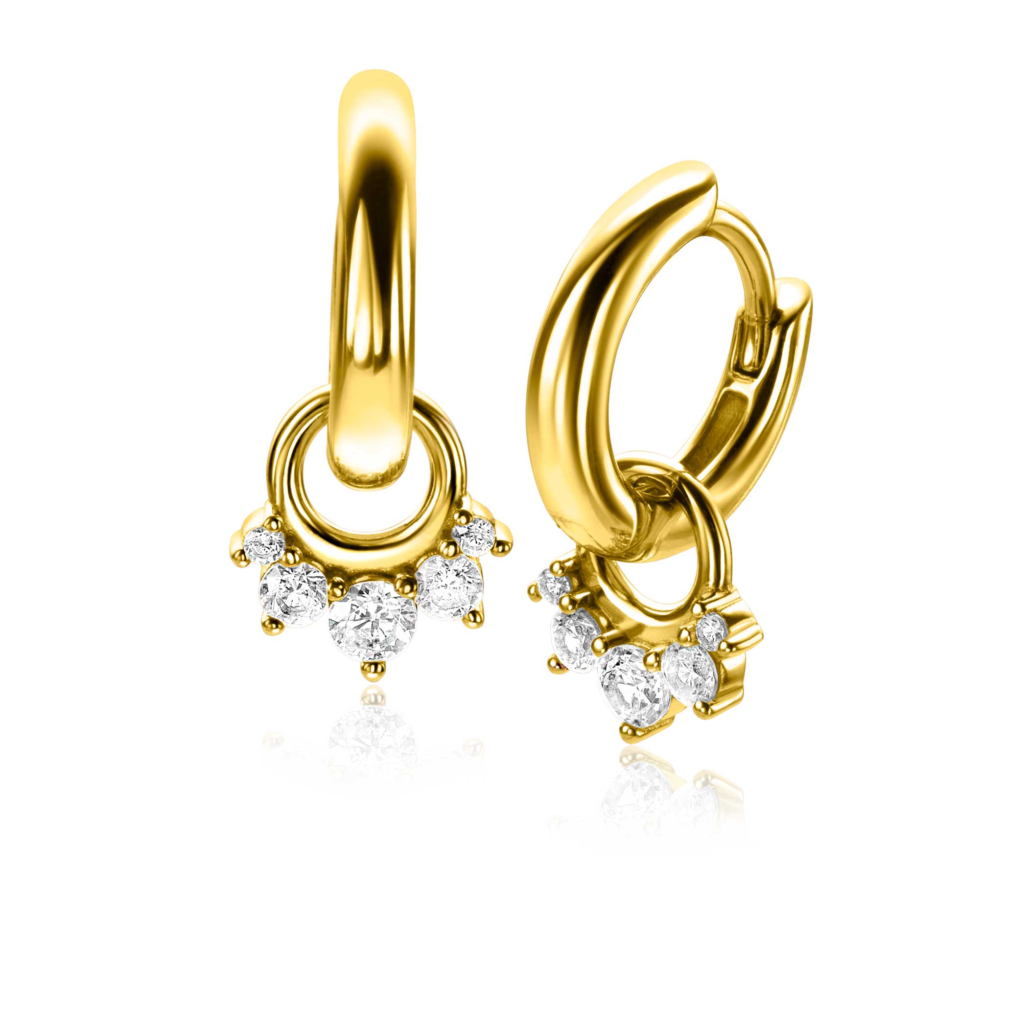 9mm ZINZI gold plated silver charm earrings with five round settings in descending size, set with white zirconias ZICH2632Y (without hoops earrings)