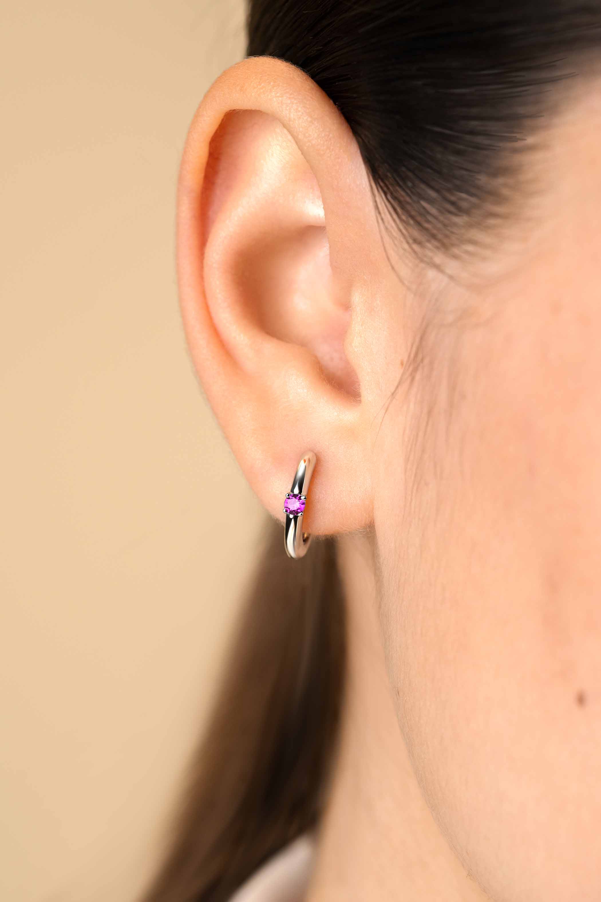 JULY Hoop Earrings 13mm Sterling Silver with Birthstone Red Ruby Zirconia