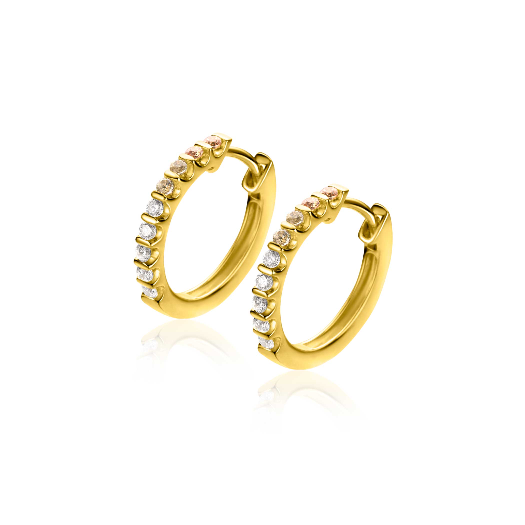 15mm ZINZI gold plated silver hoops set with champagne, peridot and white zirconia with luxury hinge closure ZIO2612
