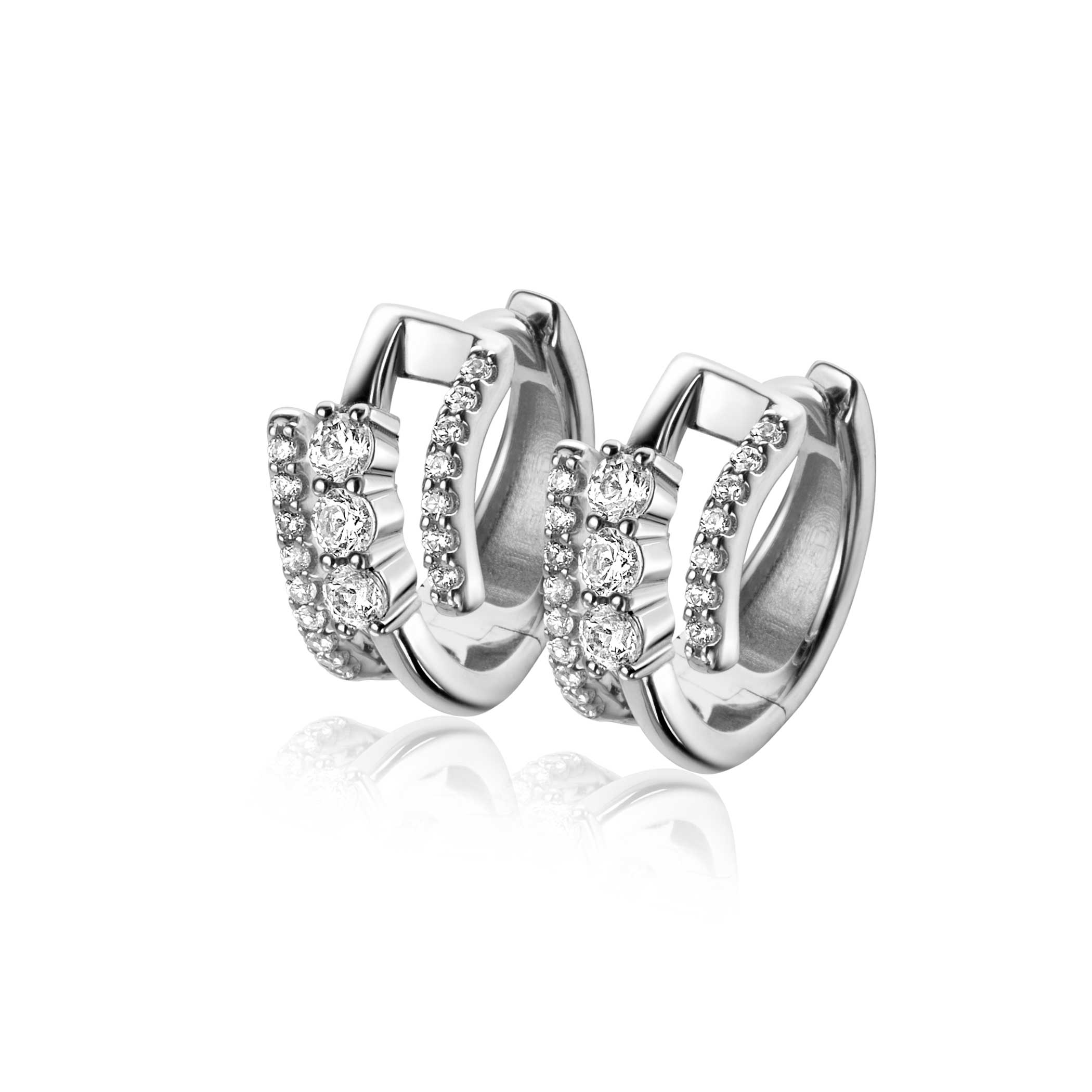 16mm ZINZI silver multi-look hoop earrings with 3 rows, set with white zirconias 9mm wide with luxury hinge closure ZIO2645