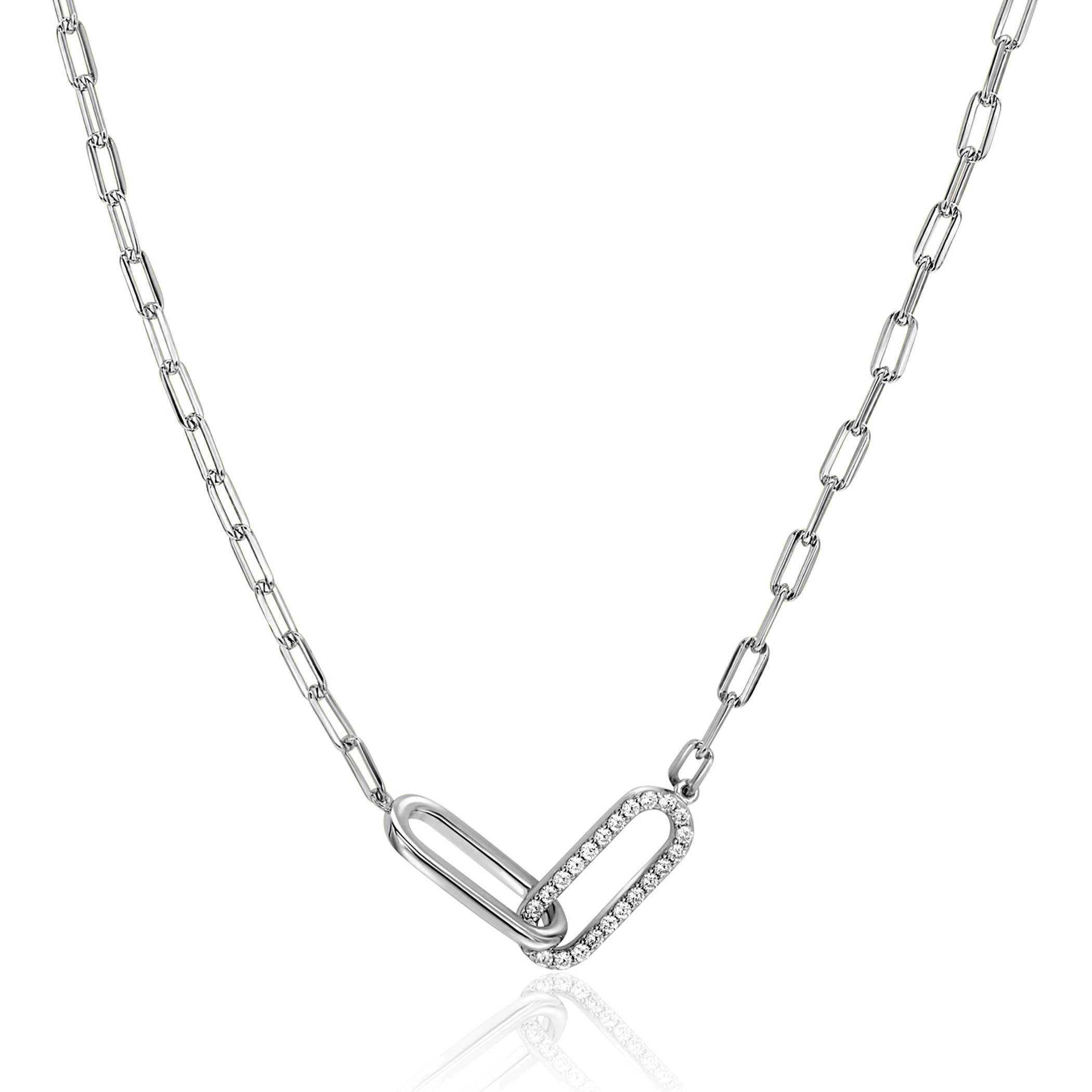 ZINZI silver paperclip link necklace with two connected links set with white cubic zirconias 40-45cm ZIC2690