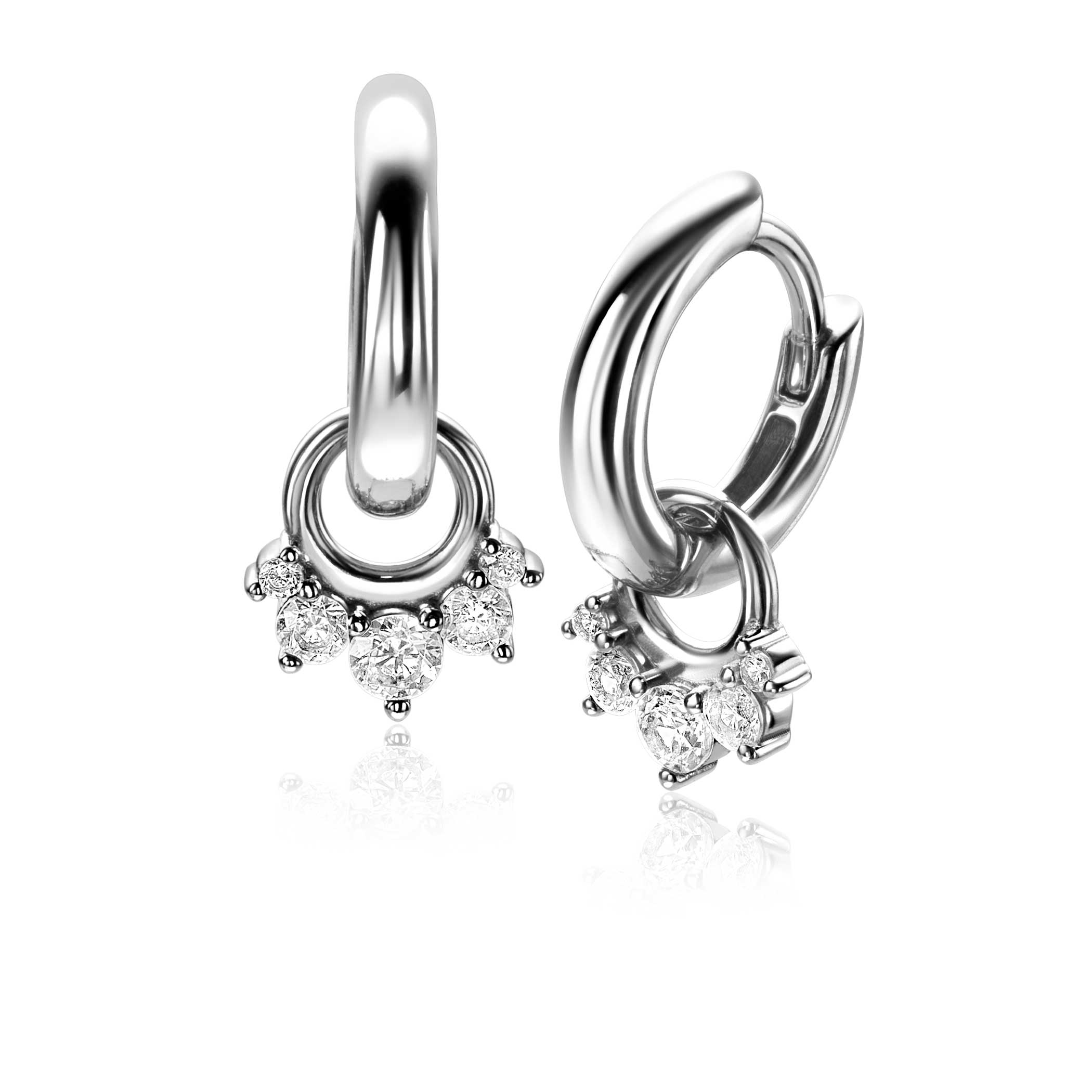 9mm ZINZI silver charm earrings with five round settings in descending size, set with white zirconias ZICH2632 (without hoops earrings)