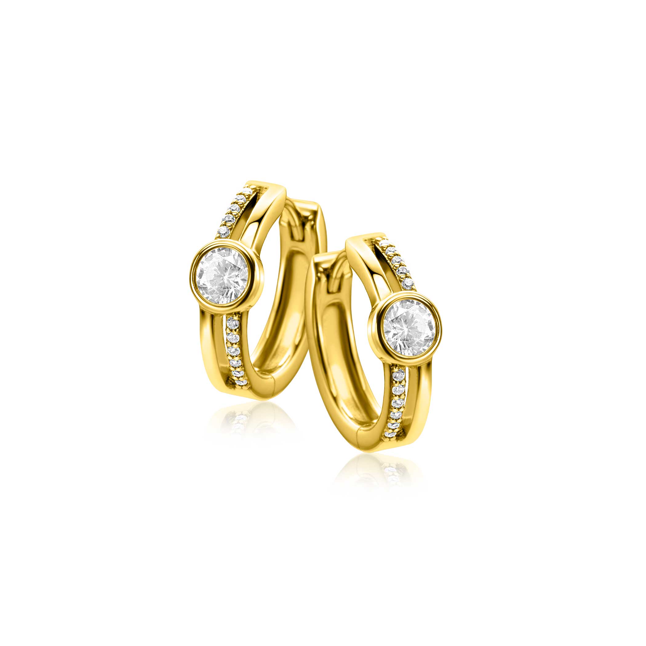 15.5mm ZINZI gold plated silver hoops with round bezel setting and multilook appearance, set with white zirconia and luxury hinge closure ZIO2625