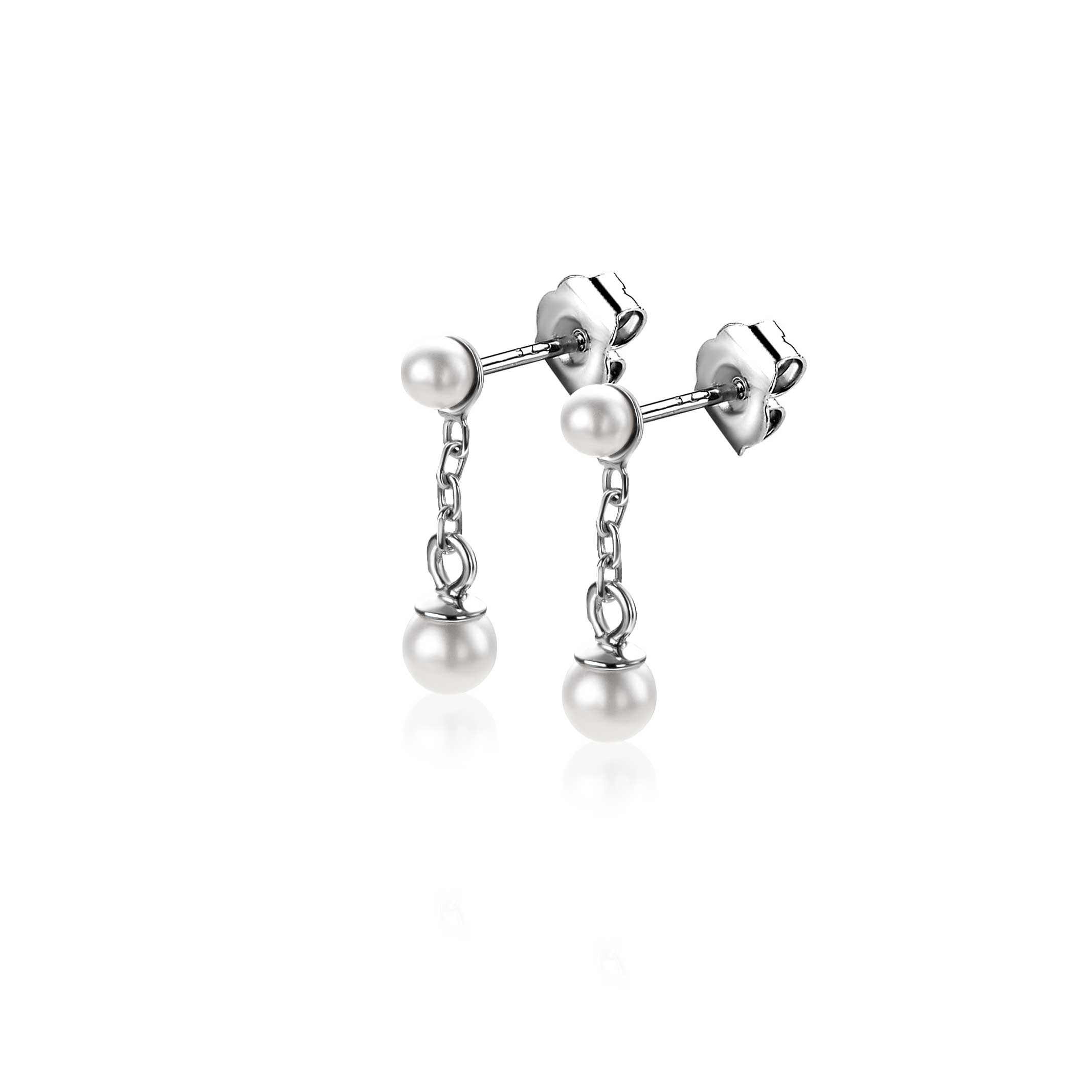 15mm ZINZI silver pearl stud earrings with chain and round white glass pearl 4mm ZIO2623