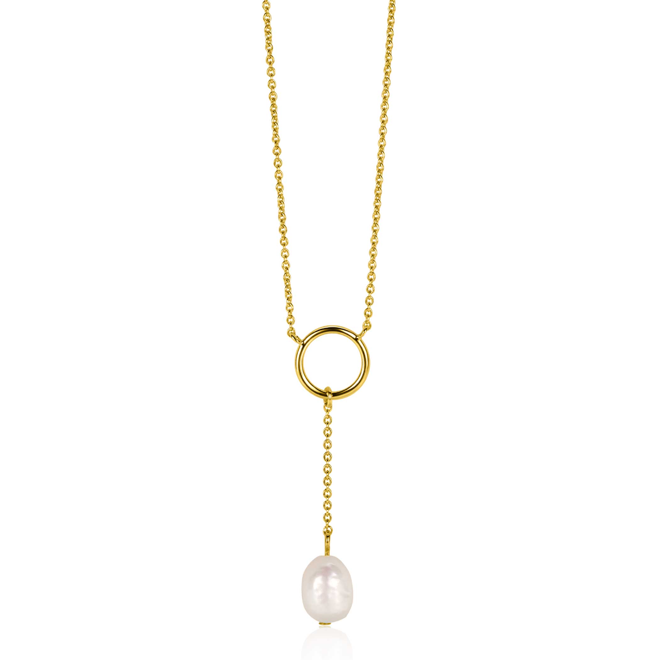 ZINZI gold plated silver Y-necklace with open circle and dangling white freshwater pearl in organic shape 42-45cm ZIC2615