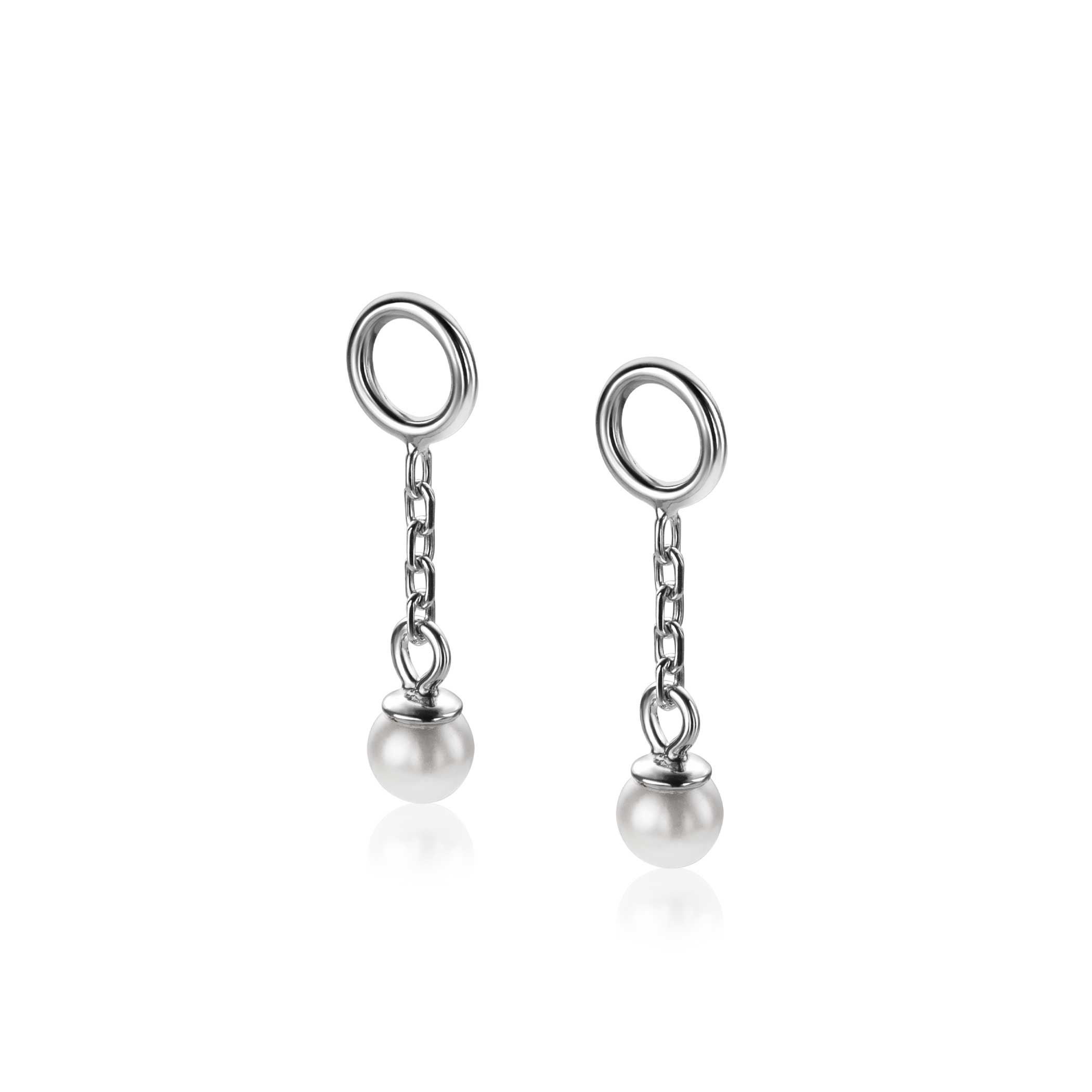 18mm ZINZI silver charm earrings with chain and round white glass pearl 4mm ZICH2623 (without hoops earrings)