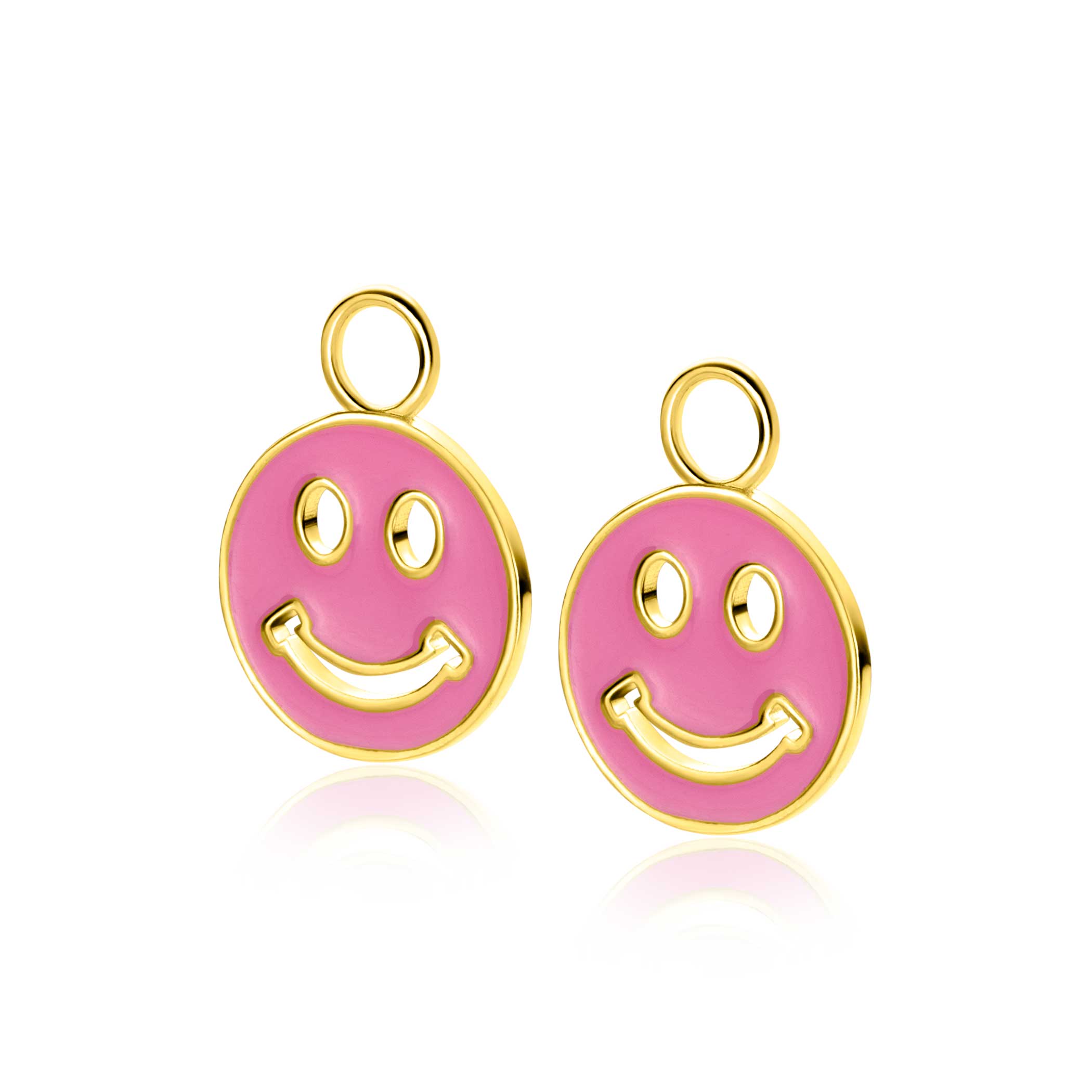 15mm ZINZI Gold Plated Sterling Silver Earrings Pendants Round Smiley in Trendy Pink Enamel ZICH2313R (excl. hoop earrings)