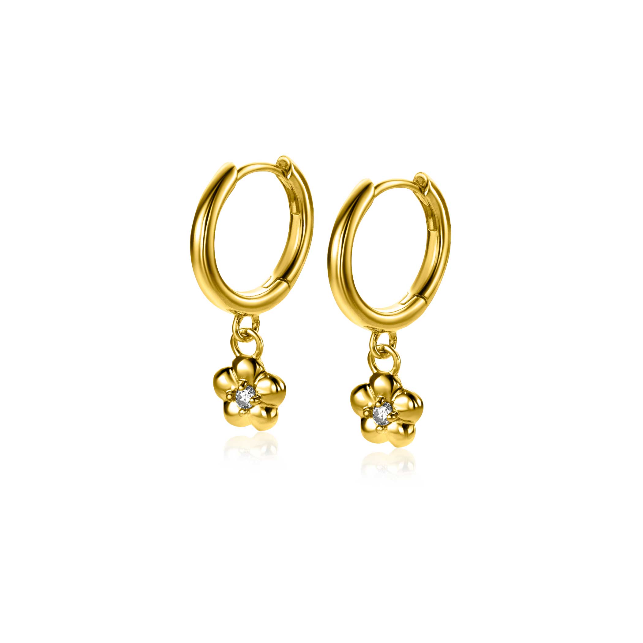 22mm ZINZI gold plated silver hoops 14mm with dangling flowers set with white zirconia ZIO2620