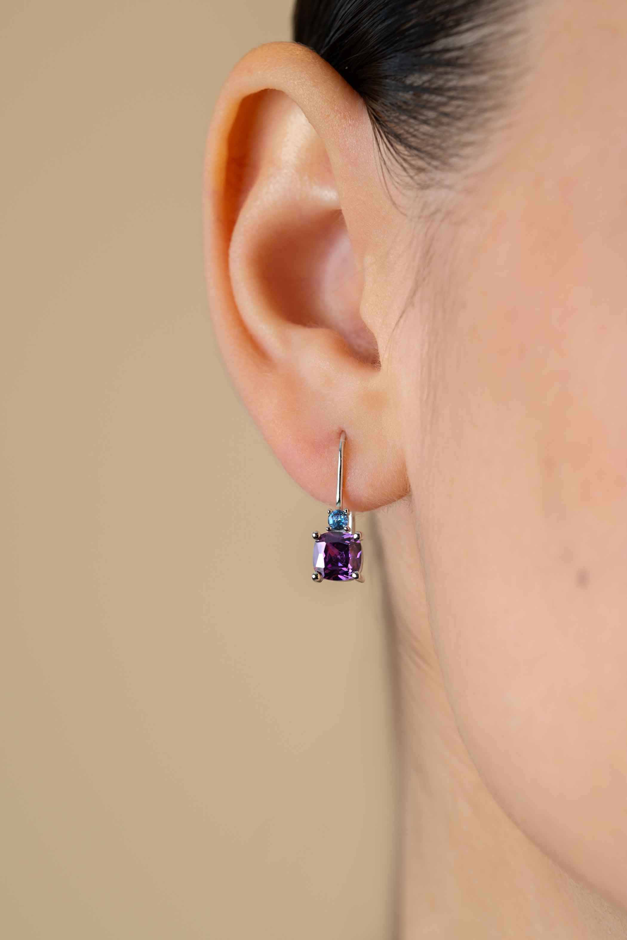 19mm ZINZI Sterling Silver Drop Earrings  Prong Settings Purple and Light Blue Color Stones ZIO2564H