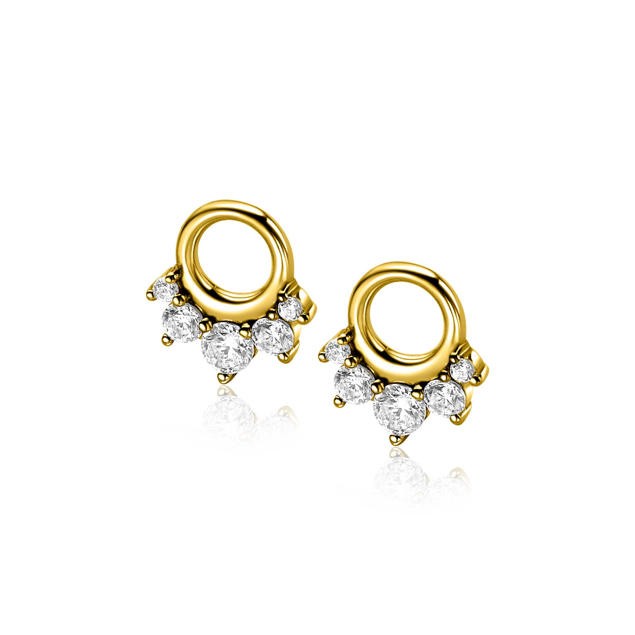 9mm ZINZI gold plated silver charm earrings with five round settings in descending size, set with white zirconias ZICH2632Y (without hoops earrings)