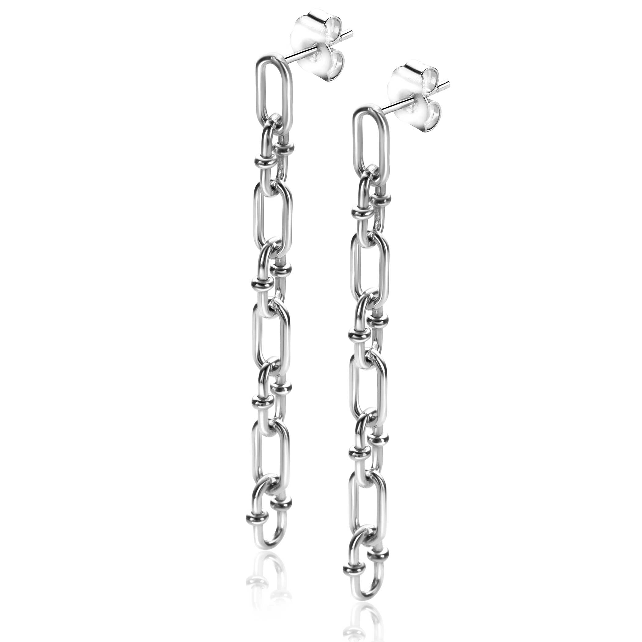 39mm ZINZI silver stud earrings with long link chain decorated with playful silver beads ZIO2586