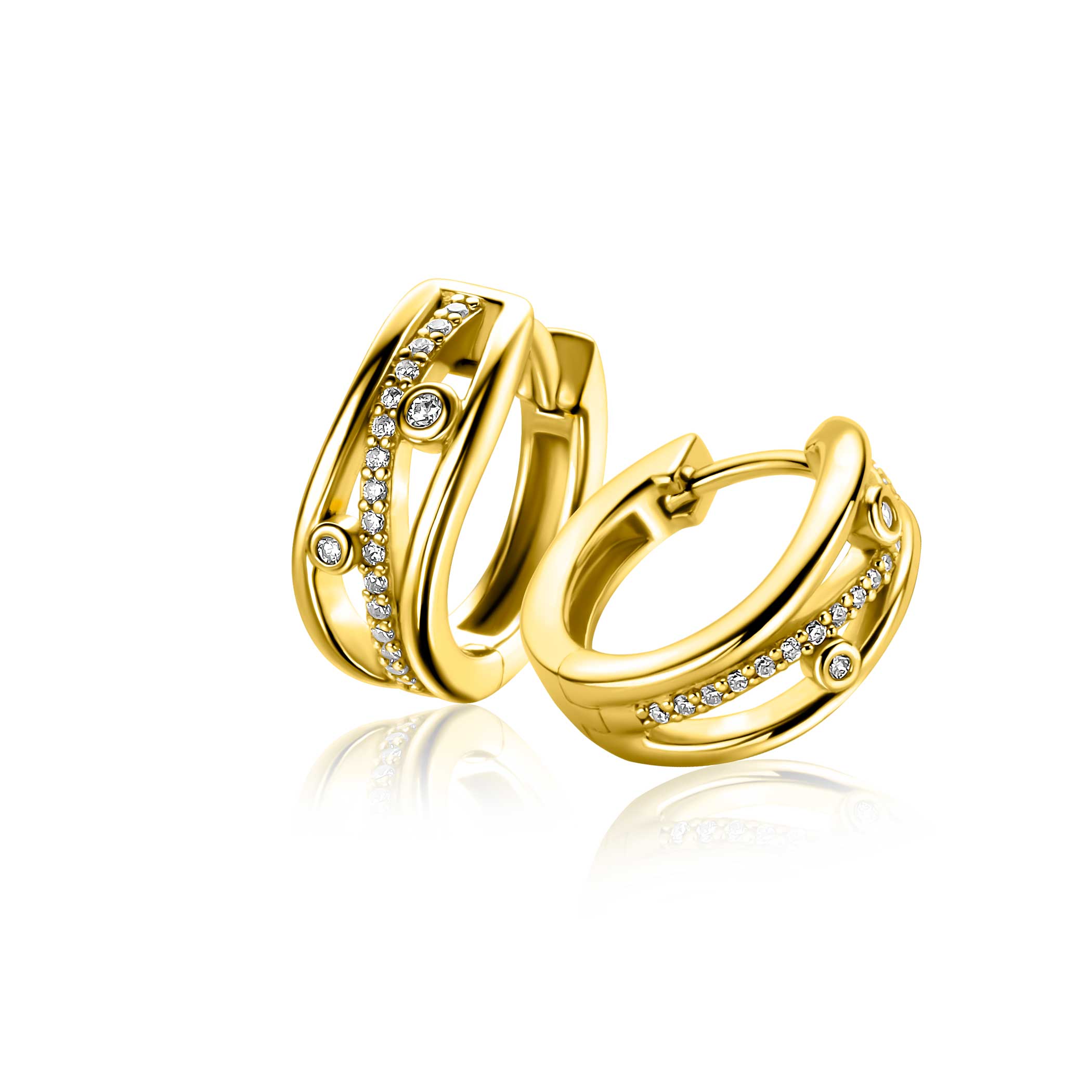 16mm ZINZI gold plated silver multi-look hoop earrings in wavy design, set with white cubic zirconias and luxury clasp ZIO2685