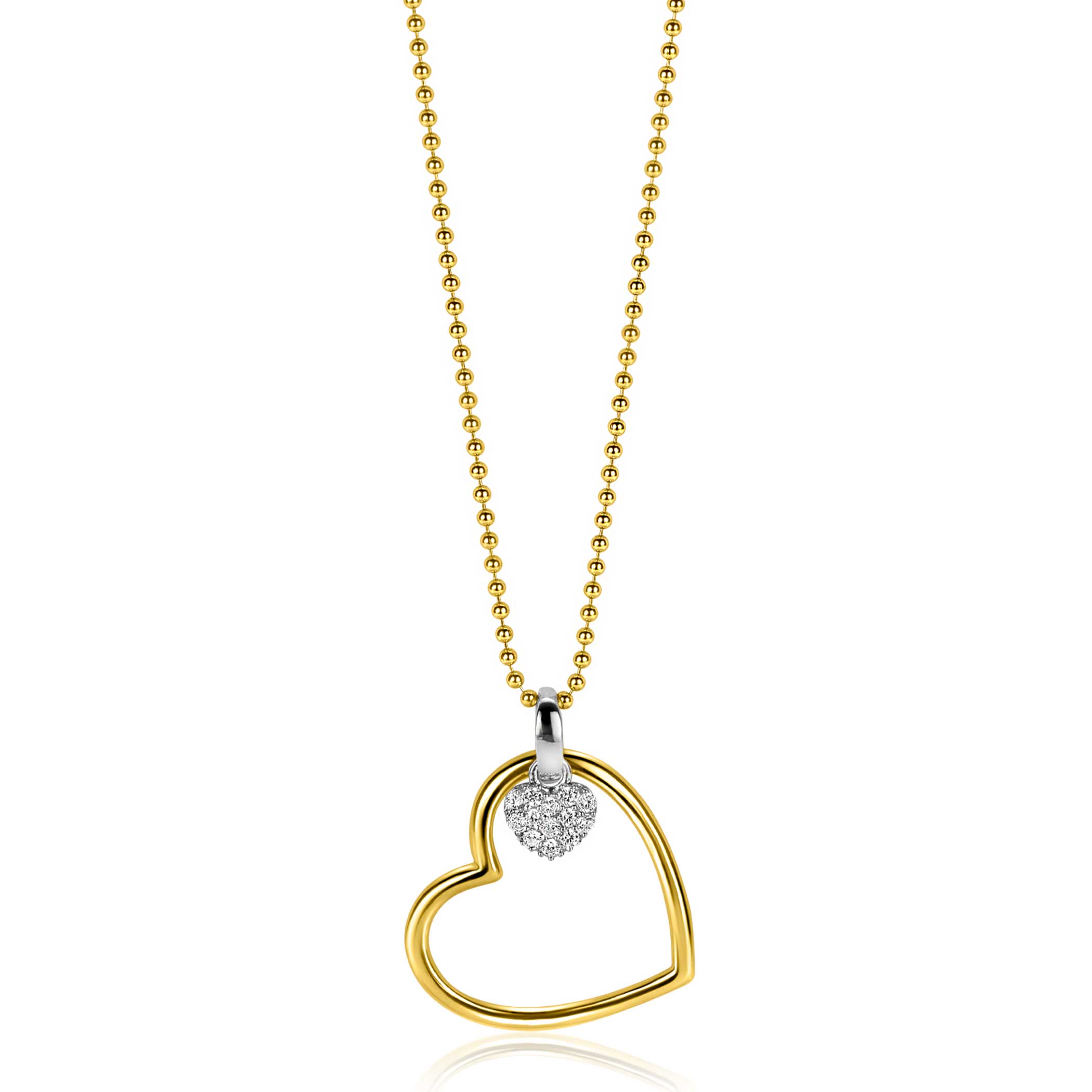 ZINZI gold plated silver bead necklace with large open heart pendant 20mm and dangling luxury heart 45-48cm ZIC2621