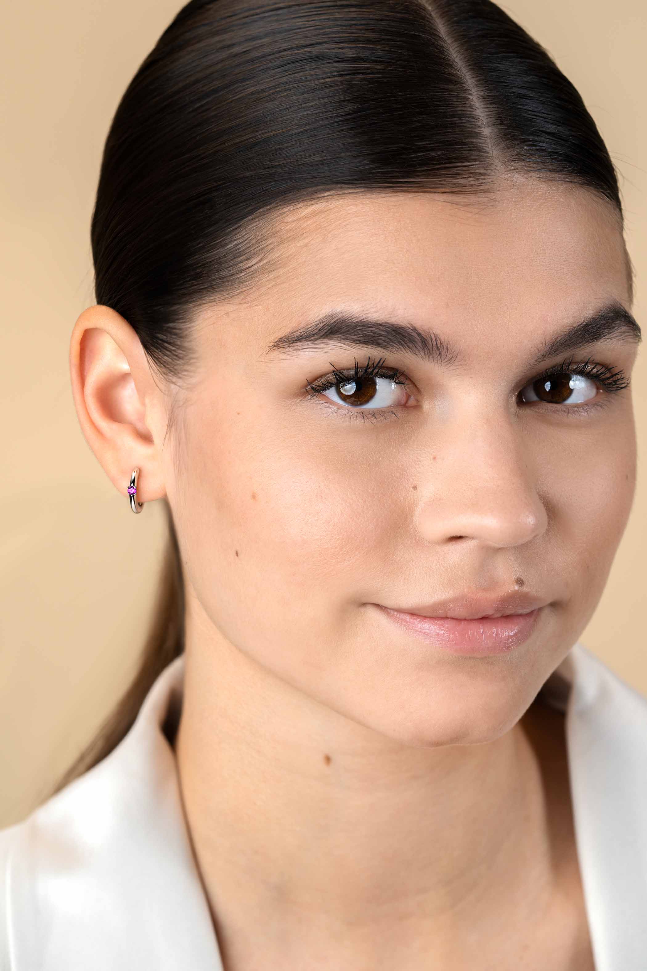 JULY Hoop Earrings 13mm Sterling Silver with Birthstone Red Ruby Zirconia