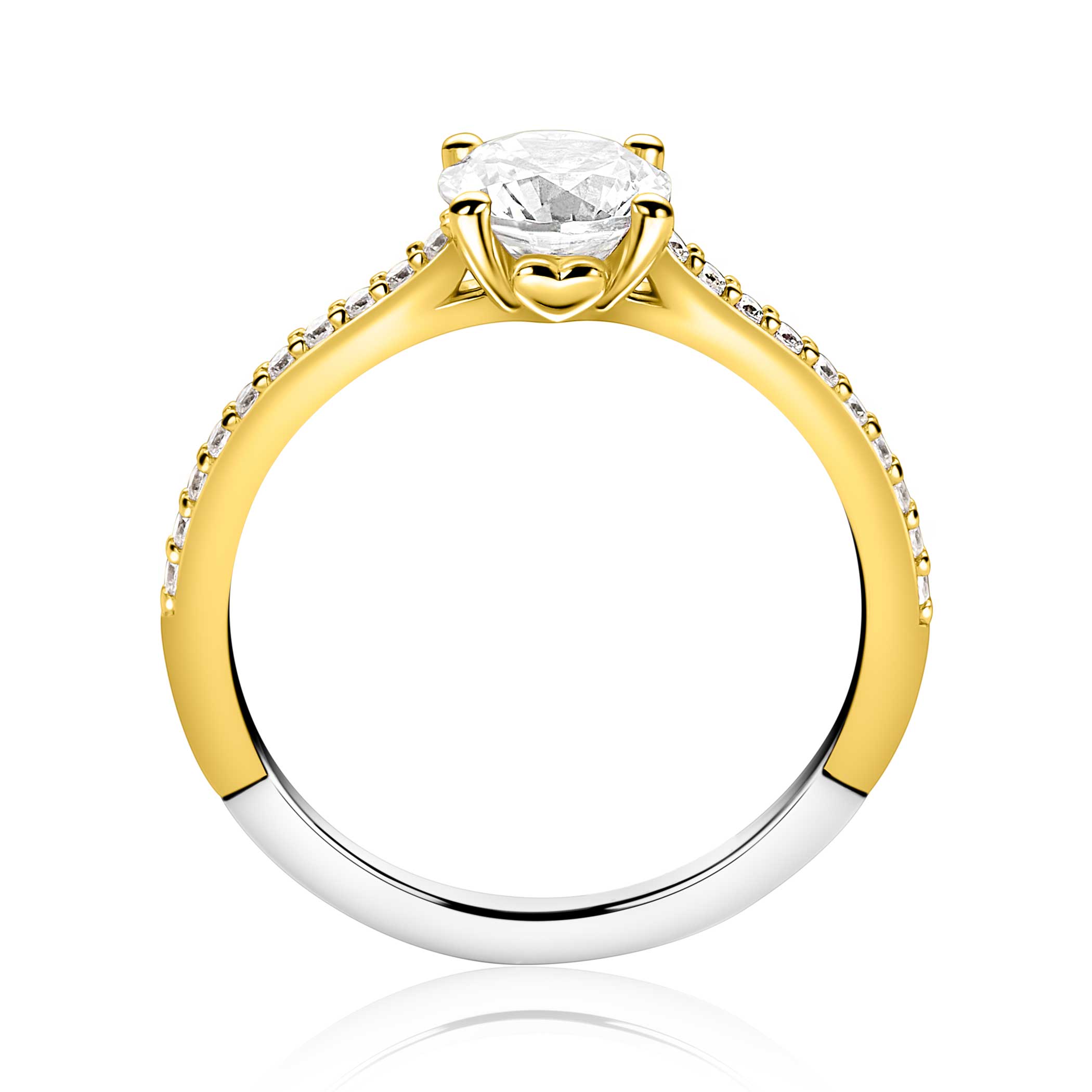 ZINZI gold plated silver engagement ring with a large round white zirconia (6.5mm) in claw setting and small heart on the side ZIR2696Y