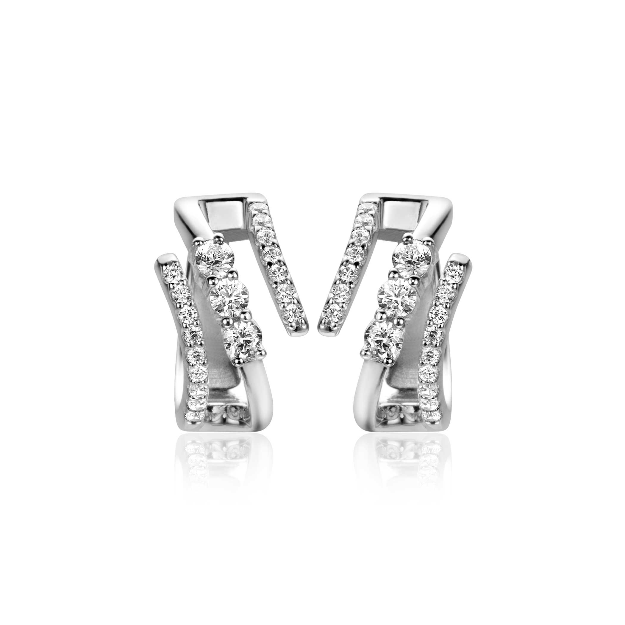 16mm ZINZI silver multi-look hoop earrings with 3 rows, set with white zirconias 9mm wide with luxury hinge closure ZIO2645