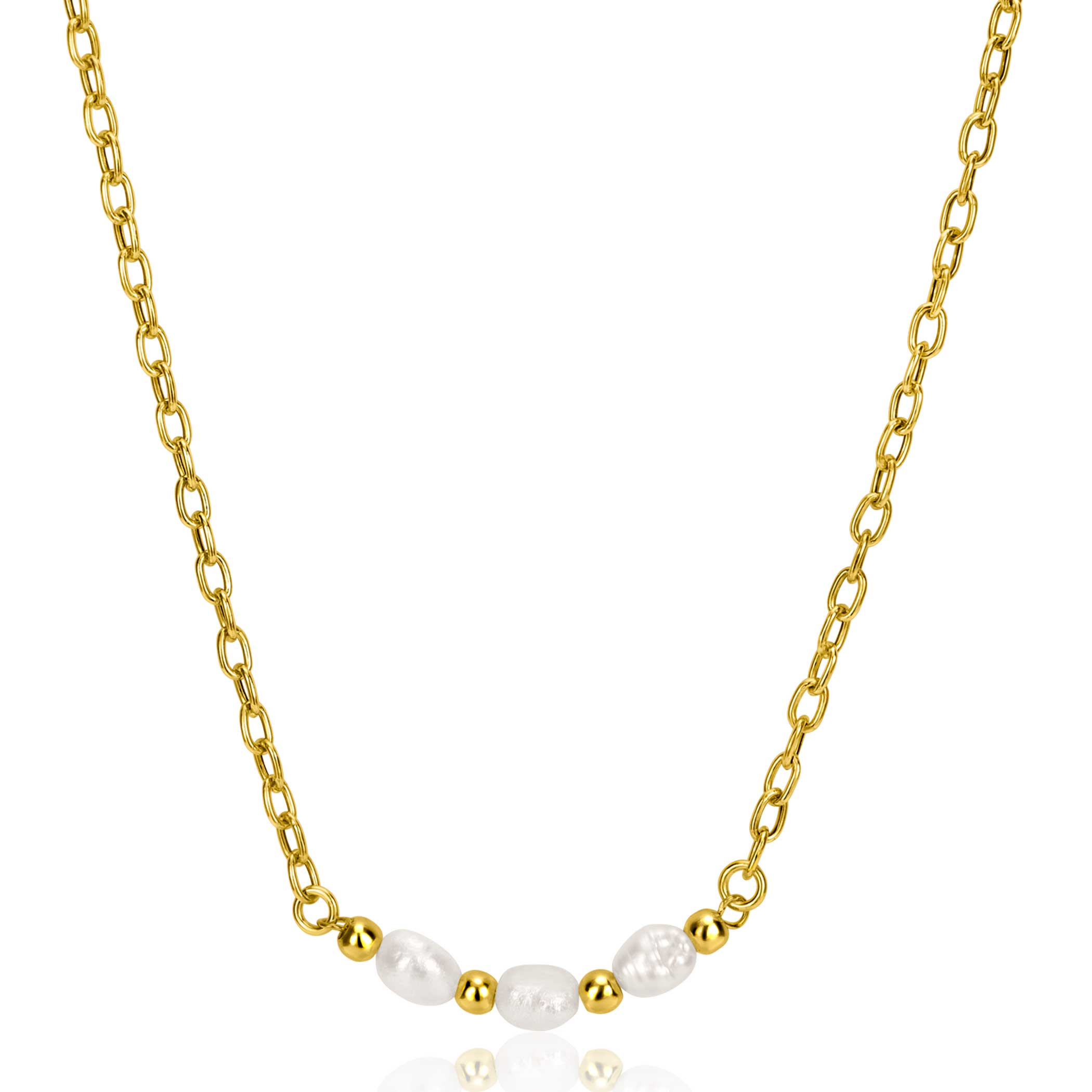 ZINZI gold plated silver chain necklace with three white naturally shaped freshwater pearls in the middle 42-45cm ZIC2643