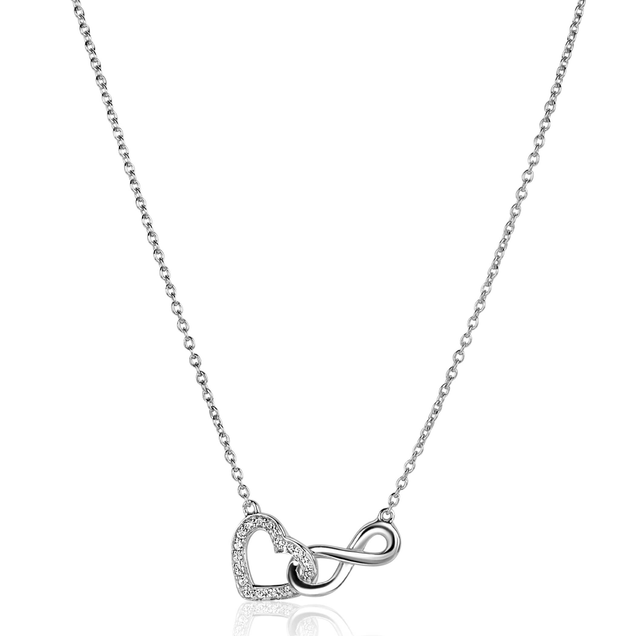 ZINZI silver necklace with Infinity sign connected with an open heart, set with white zirconia 42-45cm ZIC2596