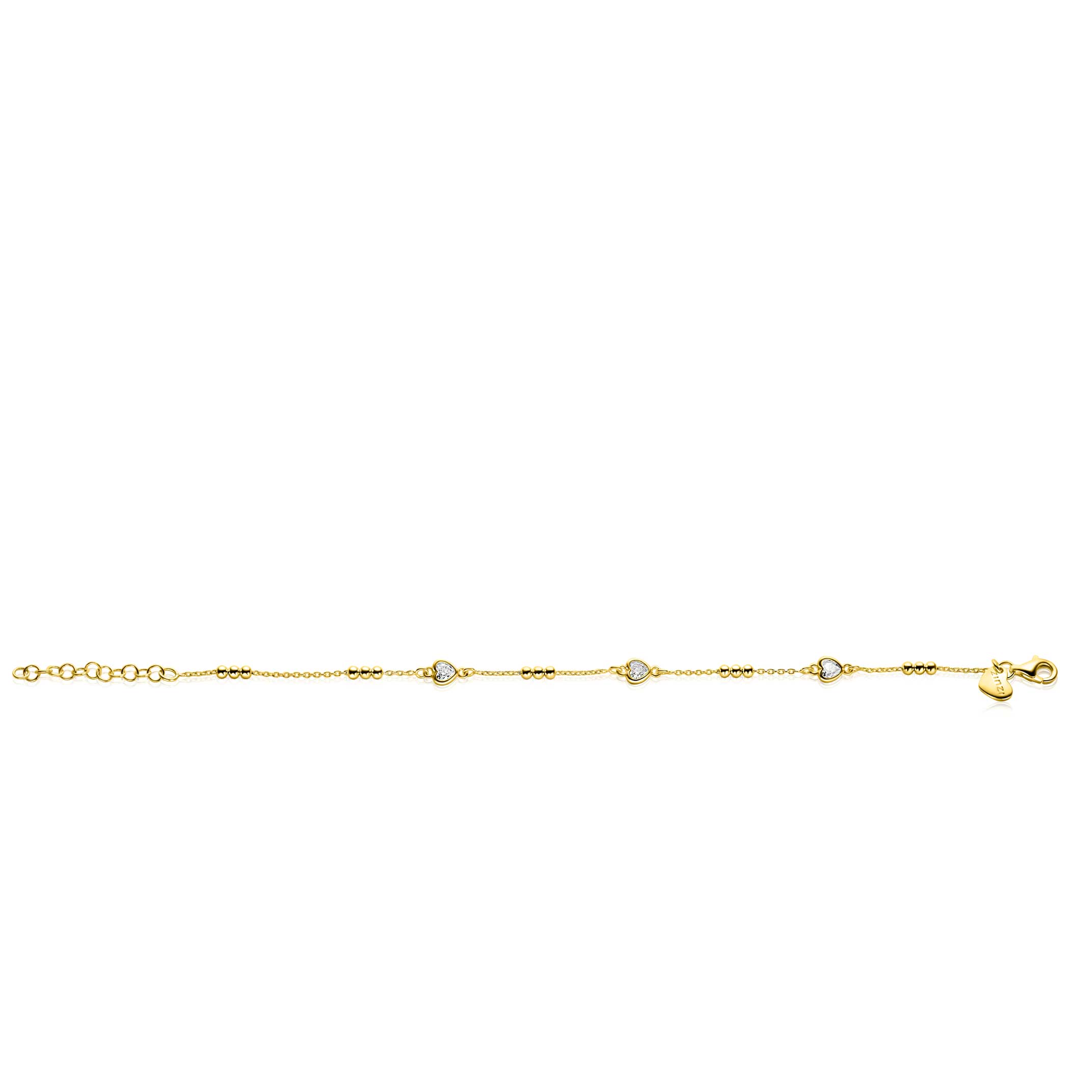 ZINZI gold plated silver link bracelet with trio beads and three heart-shaped cubic zirconias 17-20cm ZIA2679