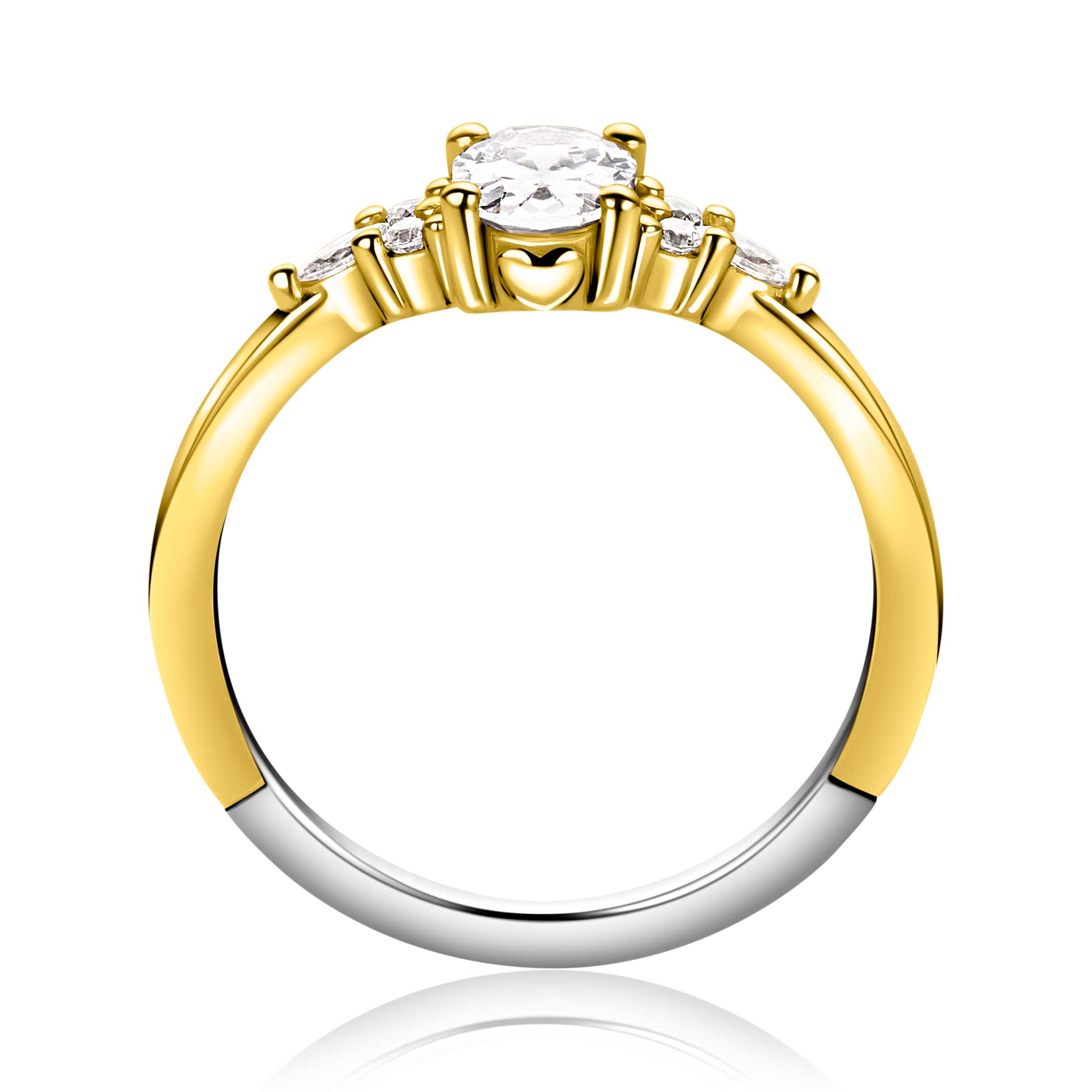 ZINZI gold-plated silver engagement ring with a large oval white zirconia (7mm) and smaller zirconia, with a small heart on the side ZIR2698Y