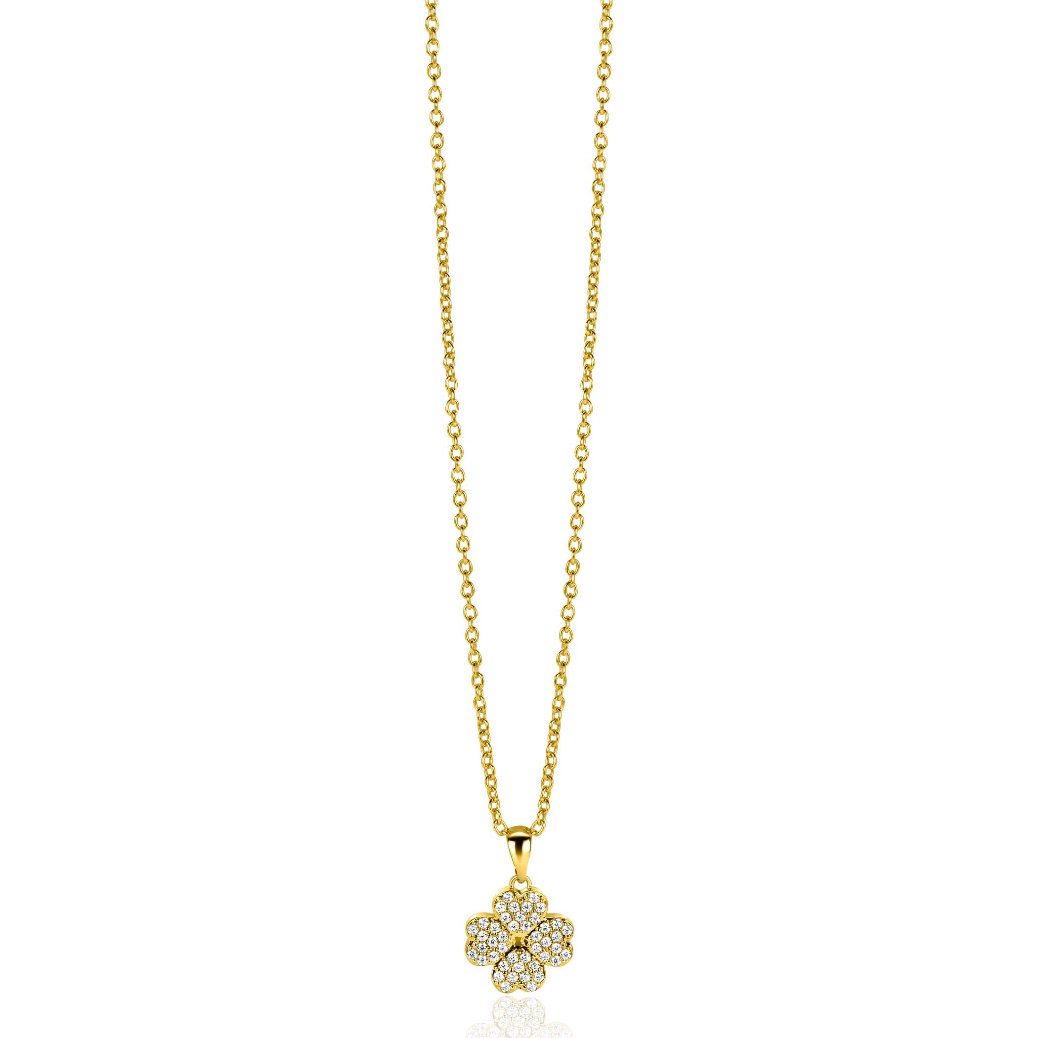 16mm ZINZI gold plated silver four-leaf clover pendant set with white zirconias ZIH2618 (without necklace)