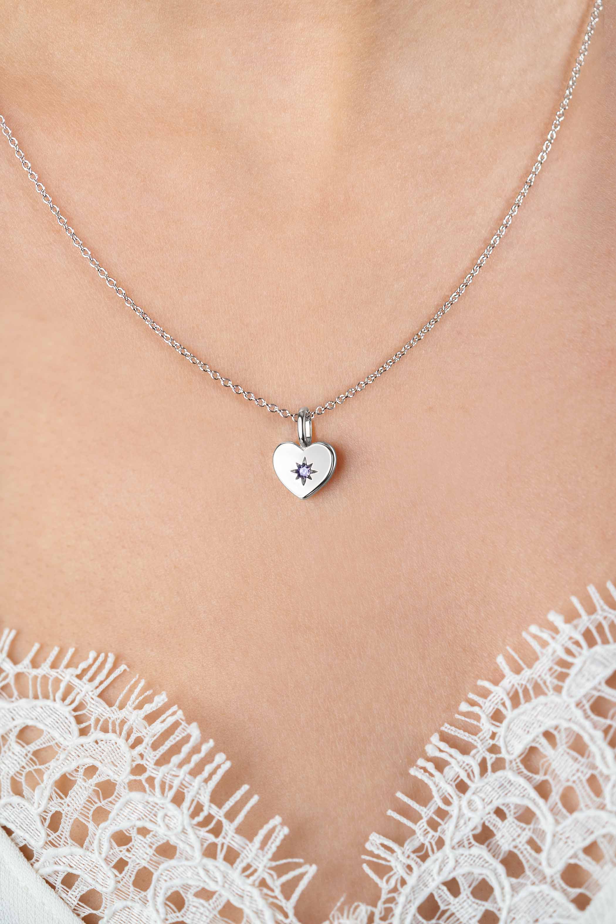 FEBRUARY Pendant 12mm Sterling Silver Heart Birthstone Purple Amethyst Zirconia (excl. necklace)