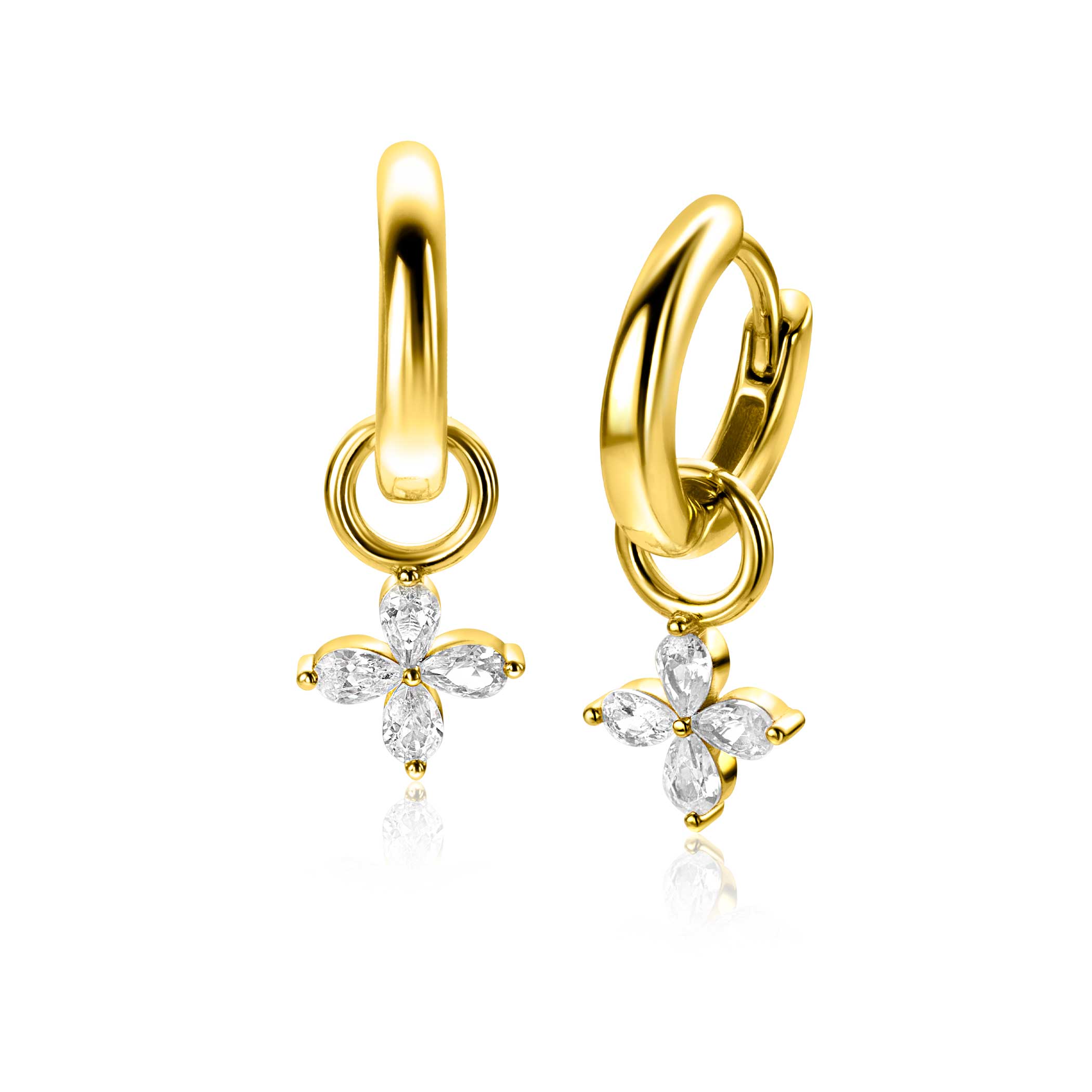 13mm ZINZI gold plated silver charm earrings with flower set with 4 drop-shaped zirconias ZICH2624 (without hoop earrings)