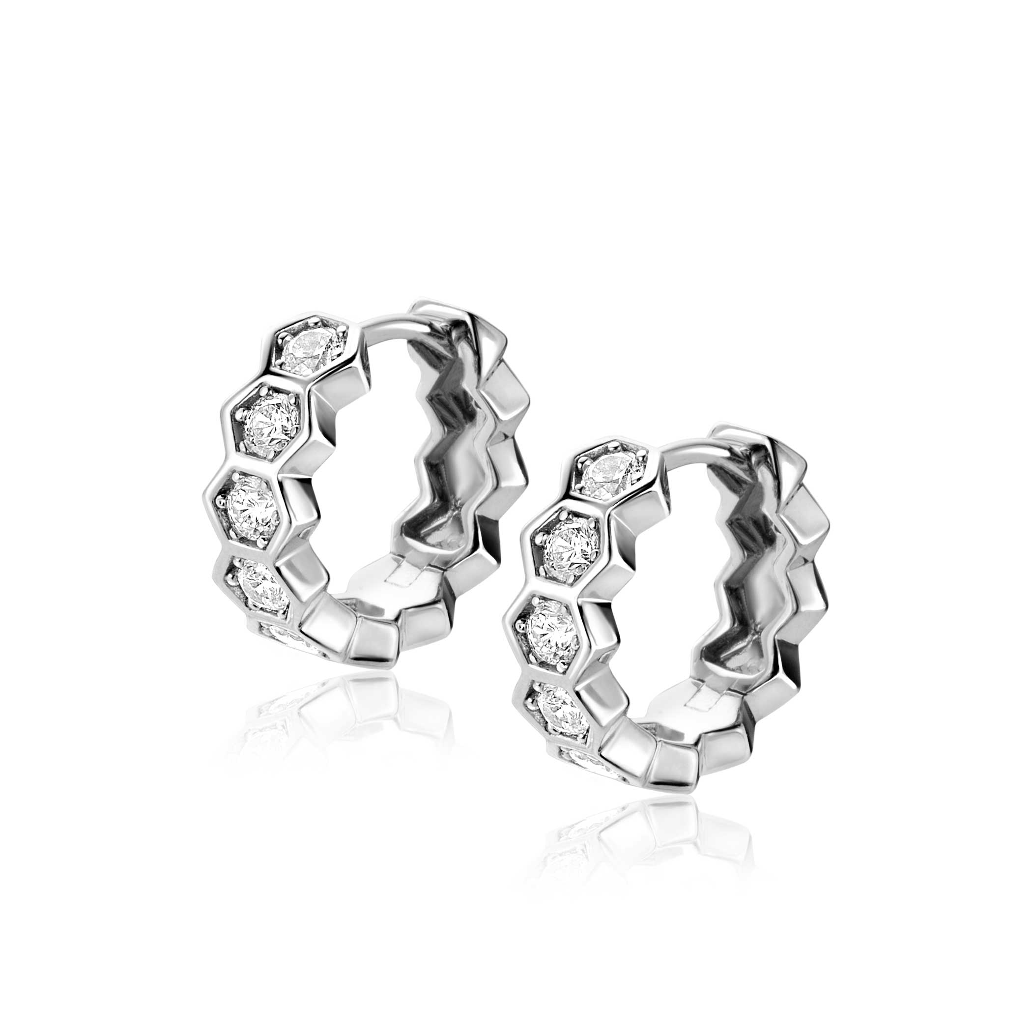 15mm ZINZI Sterling Silver Hoop Earrings with Hexagons and White Zirconias ZIO2543