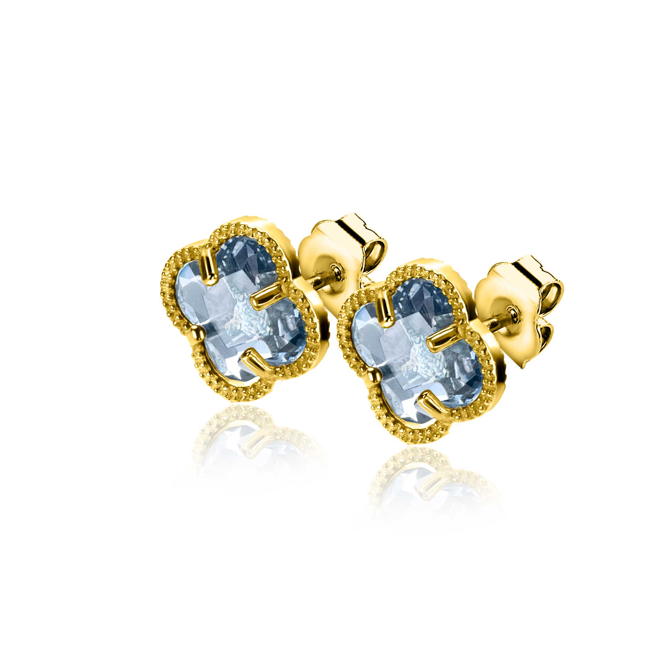 9mm ZINZI gold plated silver stud earrings in clover shape with light blue gemstone ZIO2662B