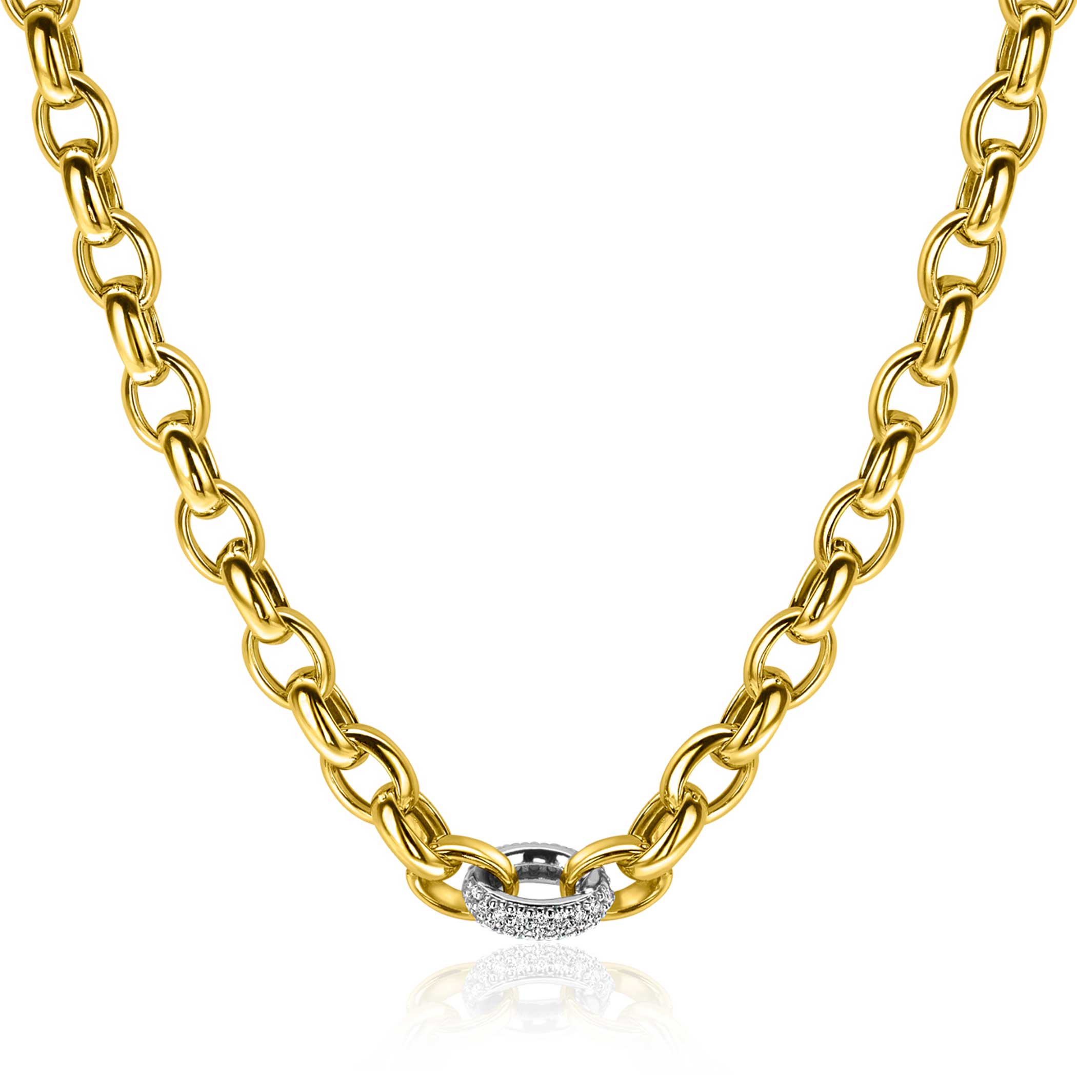 ZINZI gold plated silver link necklace with a round link set with white cubic zirconias, 6mm wide 45cm ZIC2664