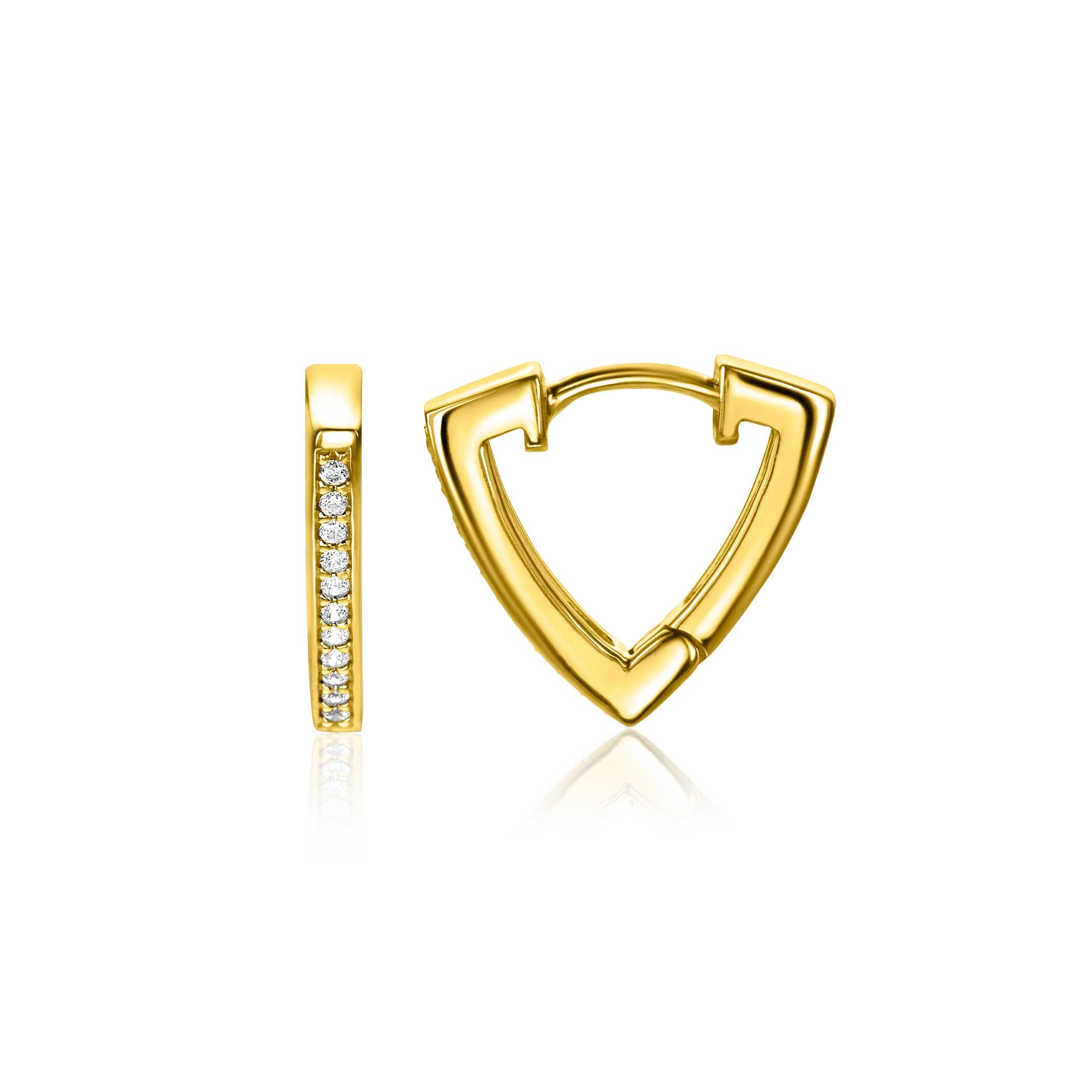 14mm ZINZI gold plated silver hoops in triangular shape set with white zirconia ZIO2607