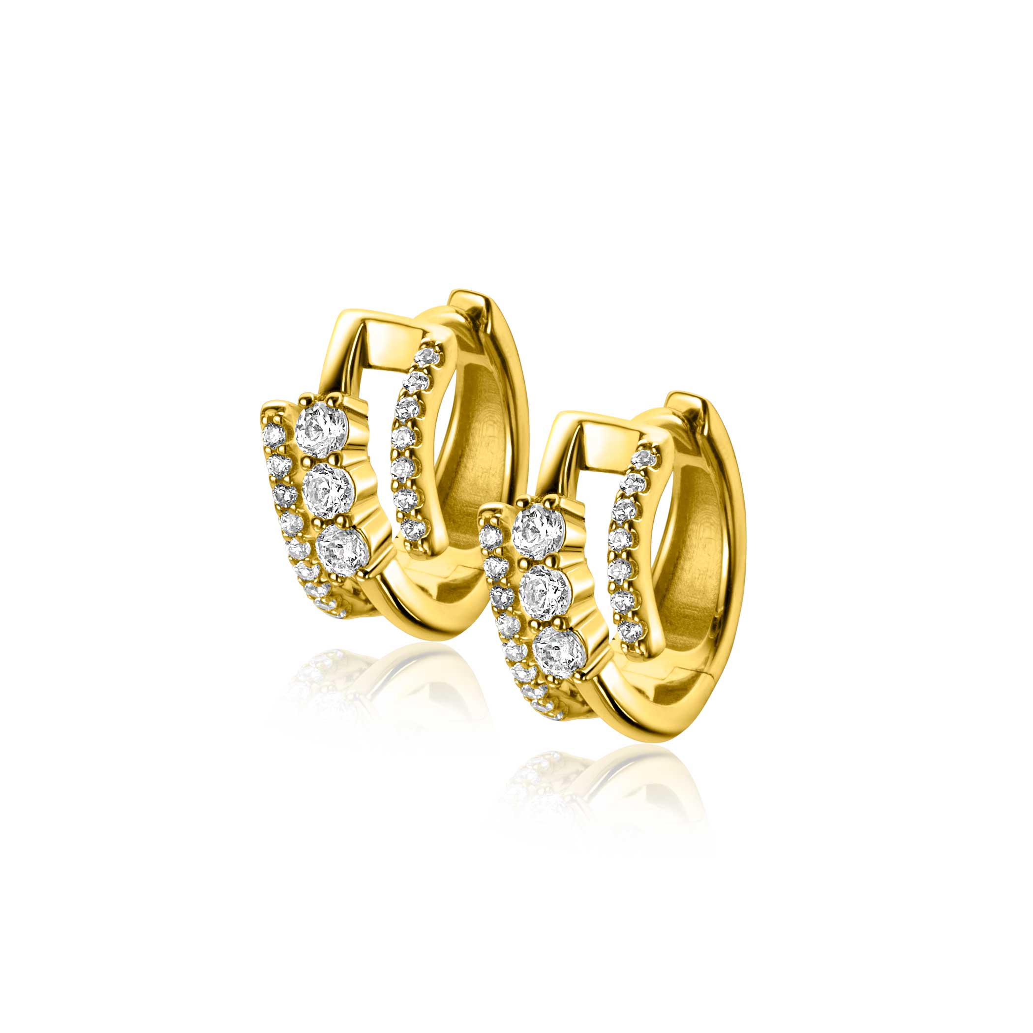 16mm ZINZI gold plated silver multi-look hoop earrings with 3 rows, set with white zirconias 9mm wide with luxury hinge closure ZIO2645Y