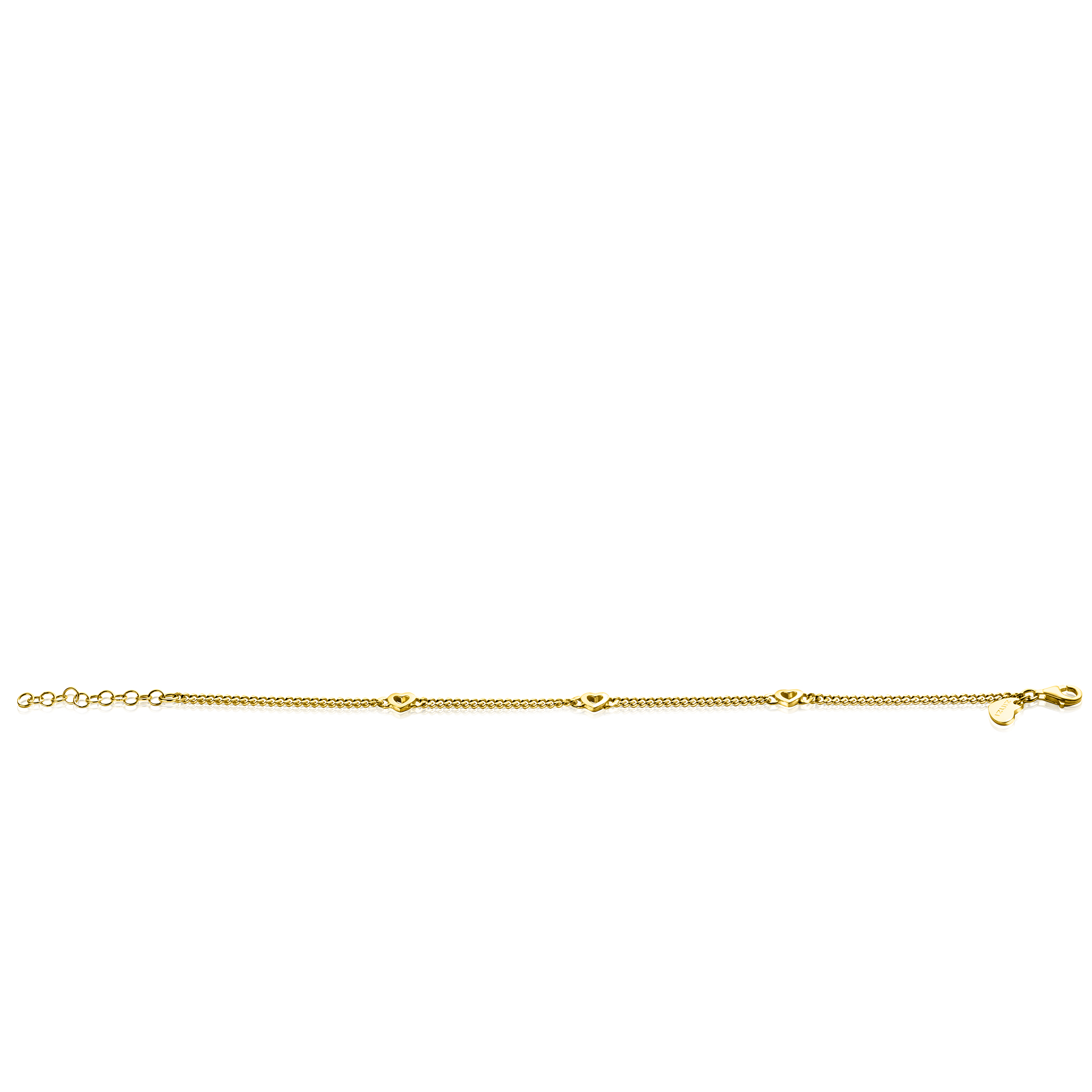 ZINZI Gold Plated Sterling Silver Curb Chain Bracelet with 3 Open Hearts 17-20cm ZIA2409G