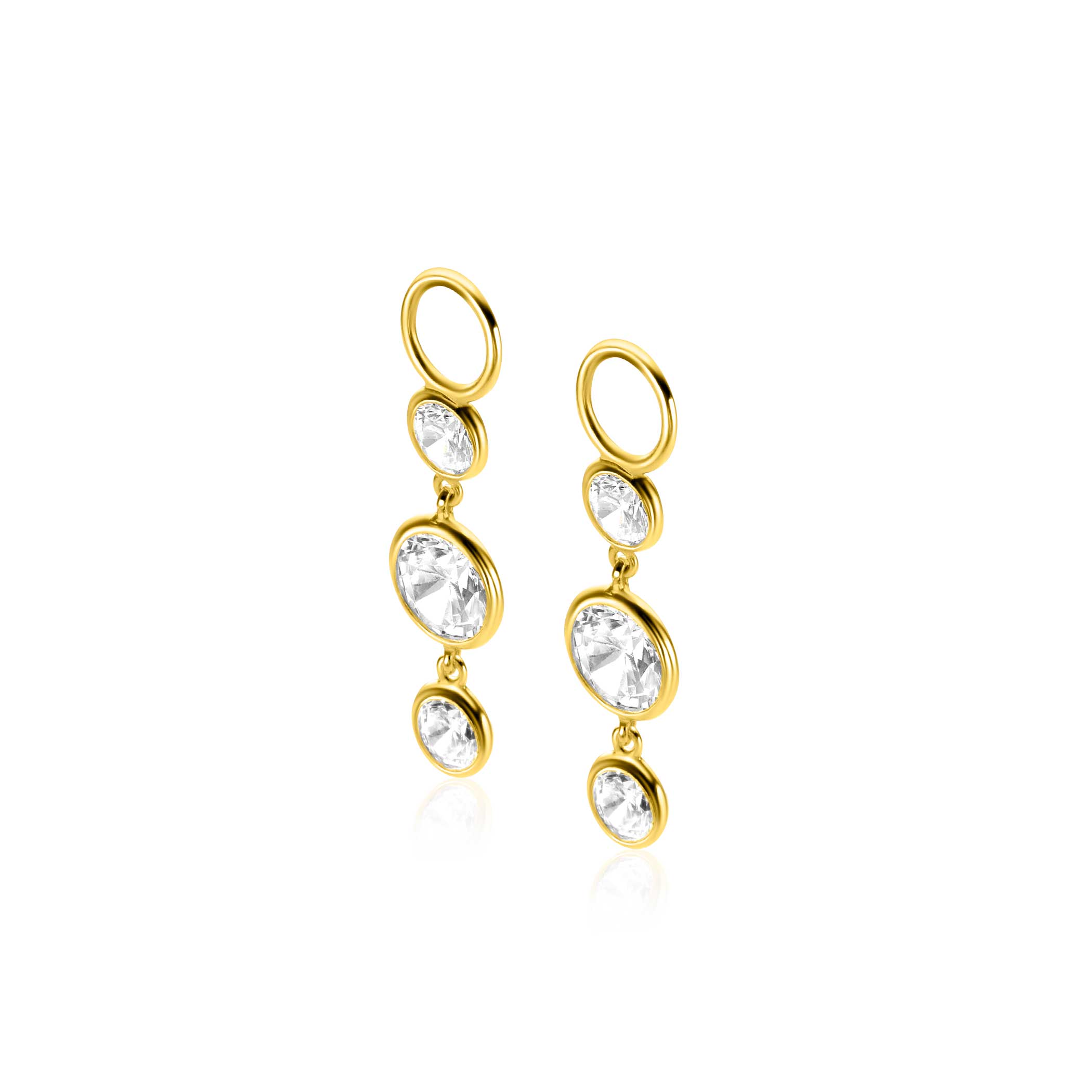 24mm ZINZI gold plated silver charm earrings with 3 dangling white round zirconias ZICH2593Y (without hoops earrings)