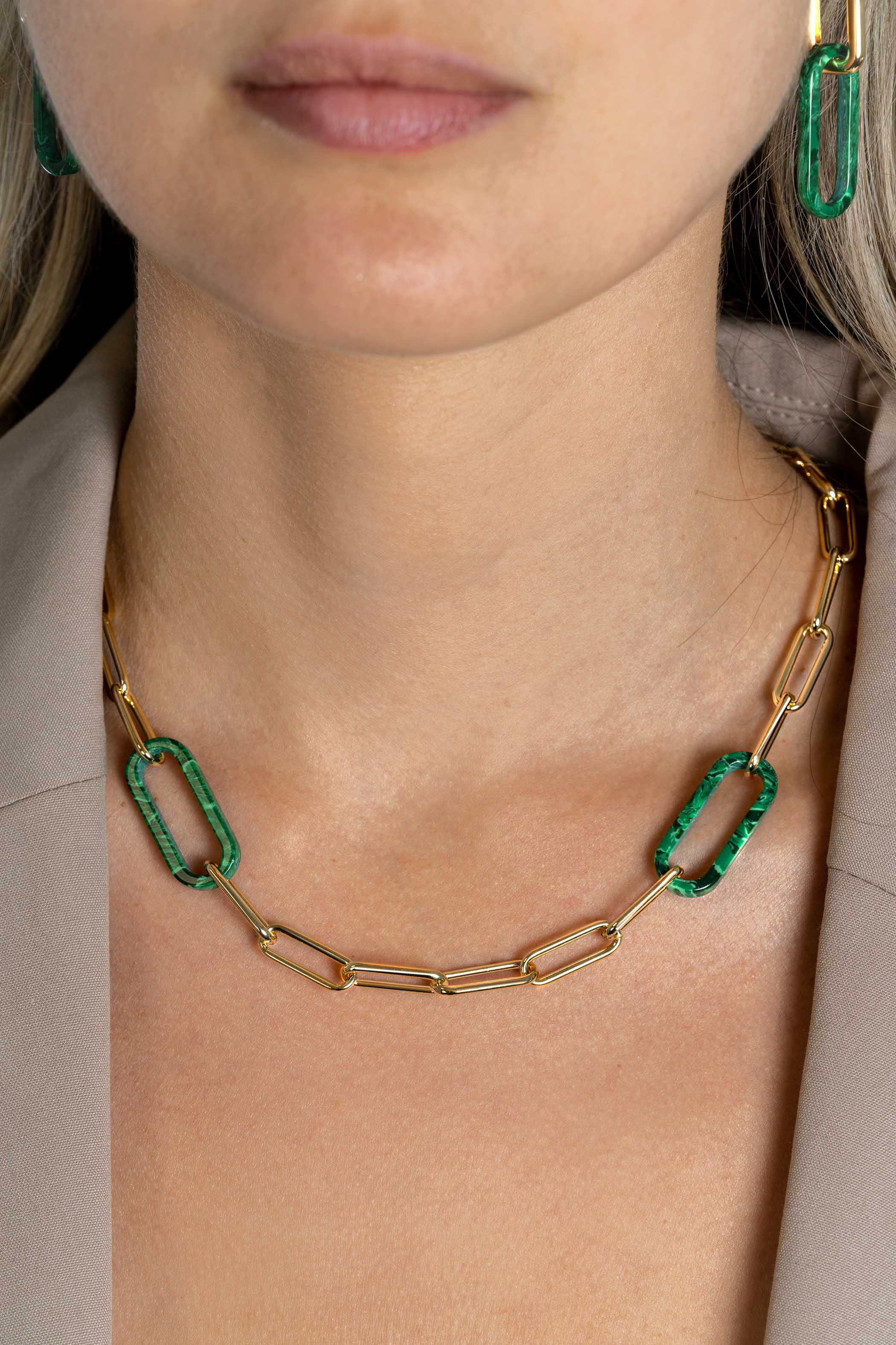 ZINZI Gold Plated Sterling Silver Luxury Necklace with Paperclip Chains and 2 Large Trendy Oval Chains in Malachite Green 43cm ZIC2488